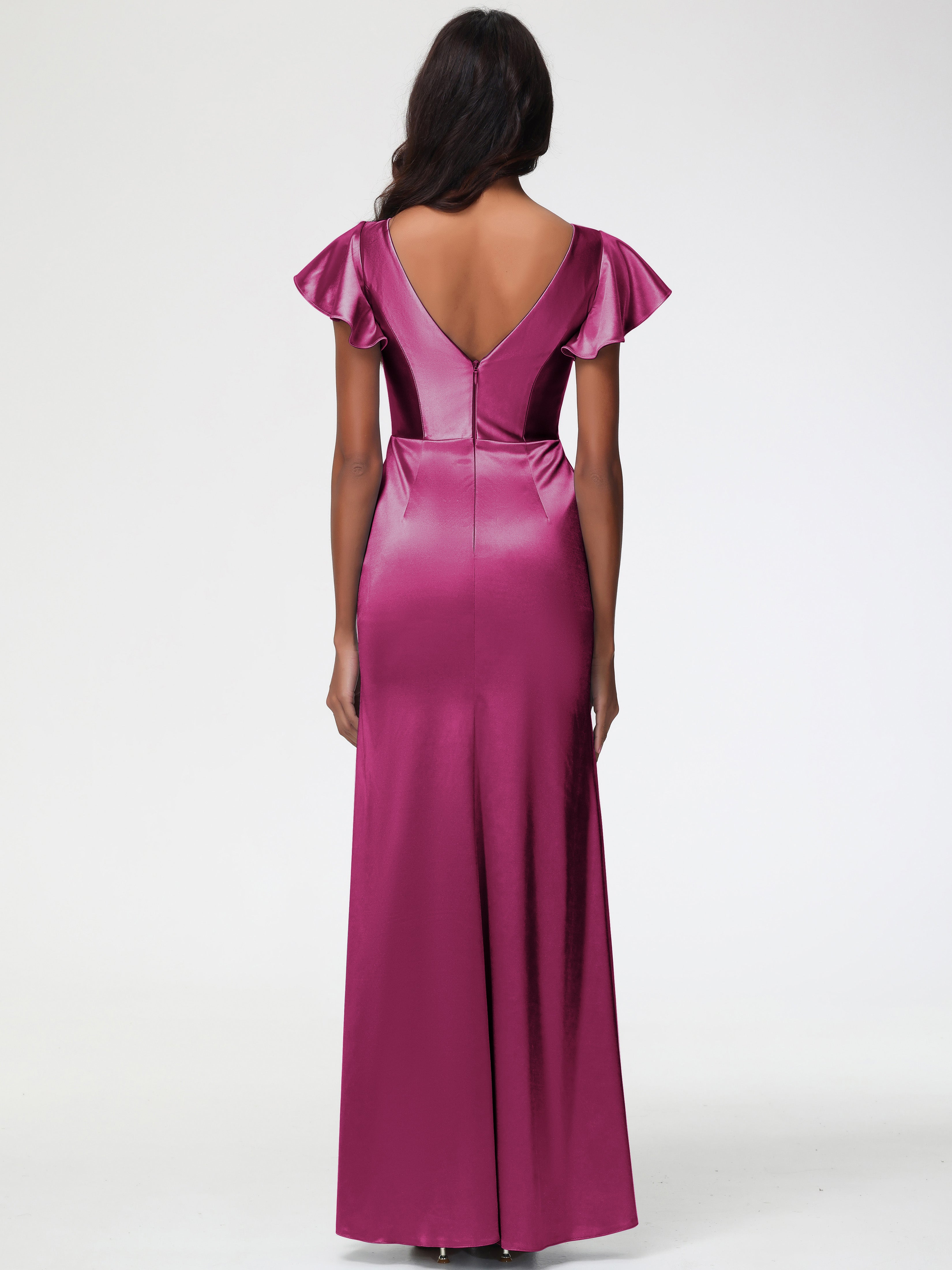 Robes De Demoiselle D'Honneur Couleur Rose Fuchsia Col V Mancherons Satin Extensible Robe Fourreau Demoiselle D Honneur