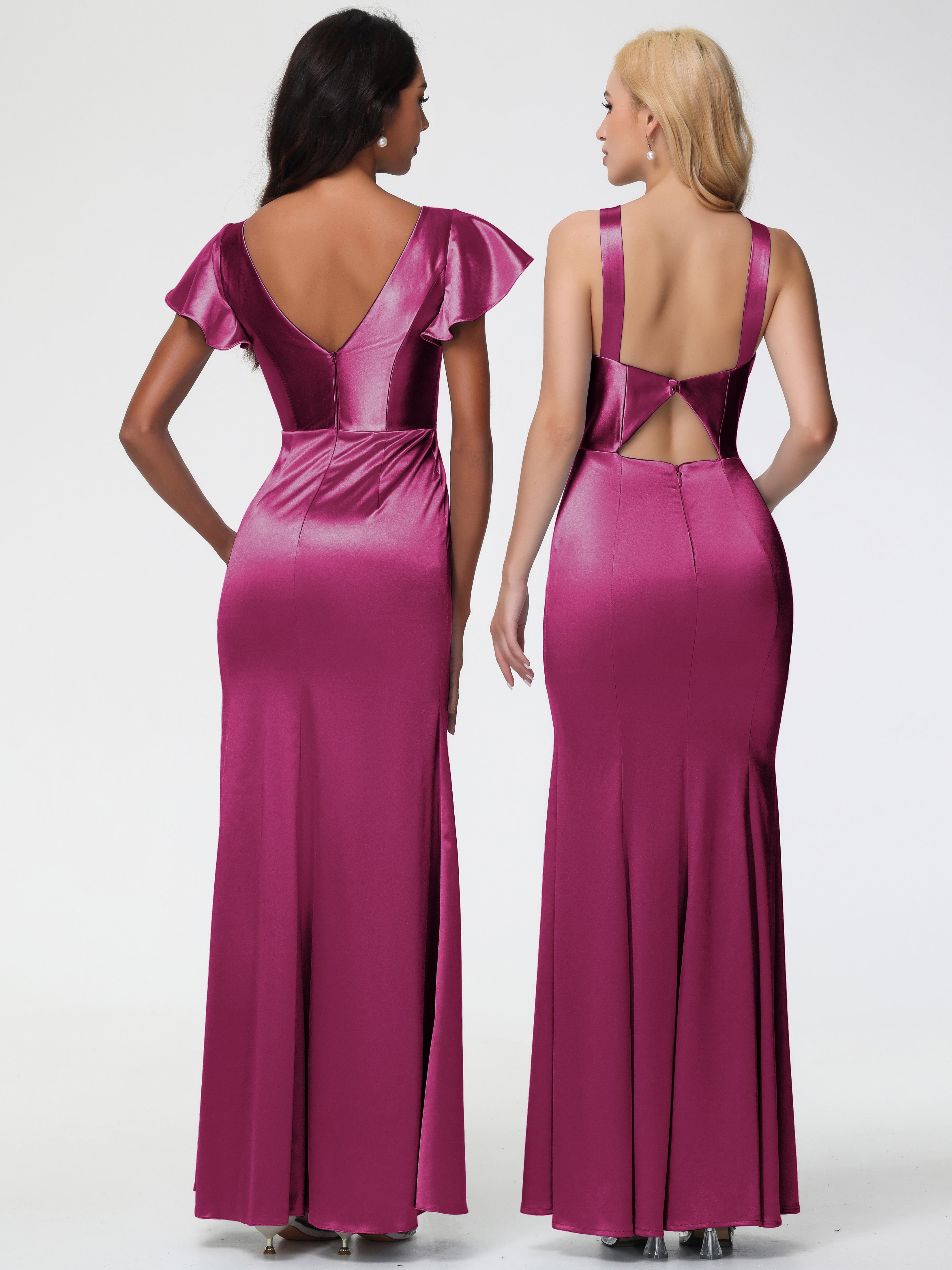 Robes De Demoiselle D'Honneur Couleur Rose Fuchsia Col V Mancherons Satin Extensible Robe Fourreau Demoiselle D Honneur