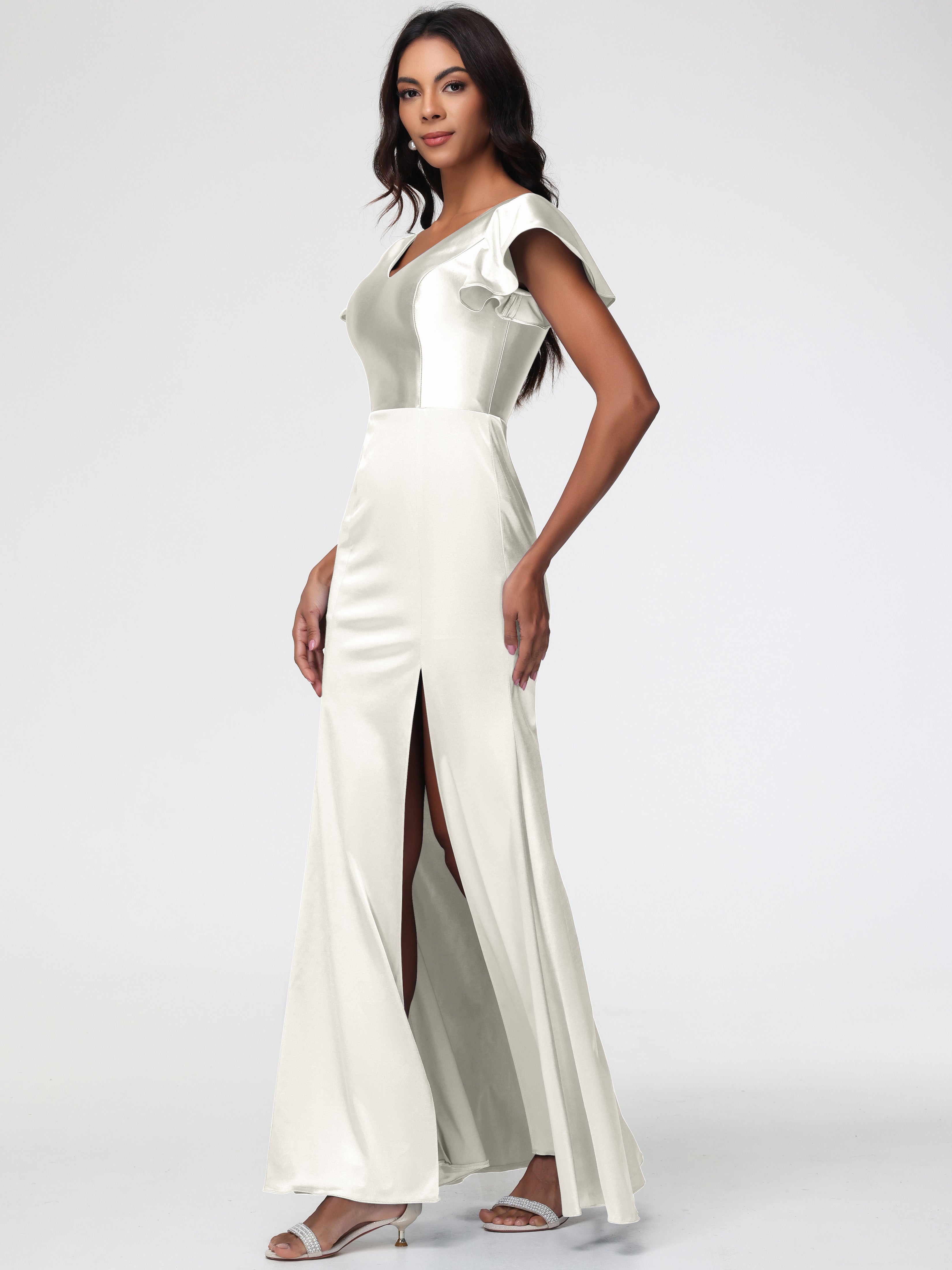 Robe De Demoiselle D Honneur Ivoire Col V Mancherons Satin Extensible Robe Fourreau Demoiselle D Honneur