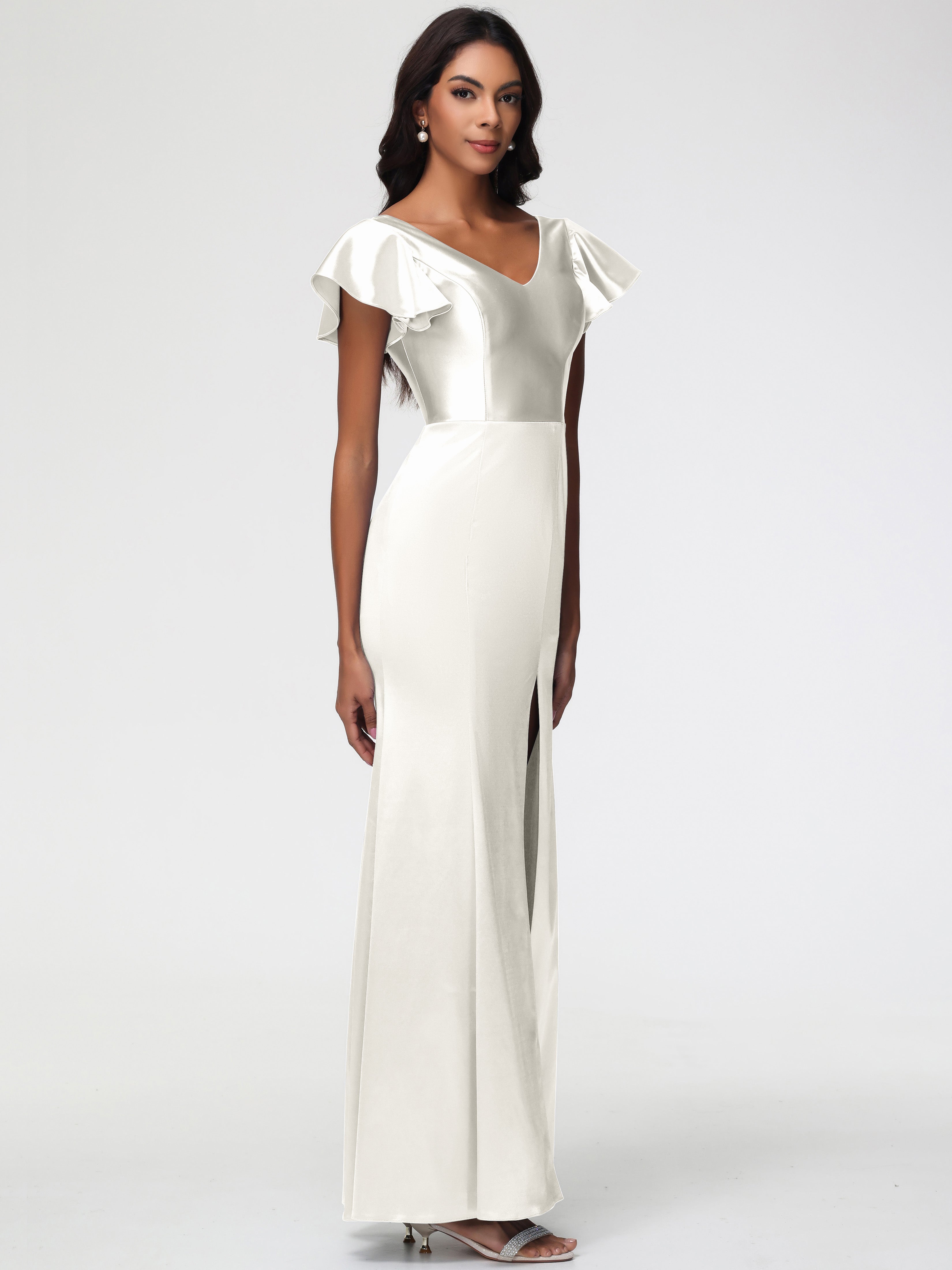Robe De Demoiselle D Honneur Ivoire Col V Mancherons Satin Extensible Robe Fourreau Demoiselle D Honneur
