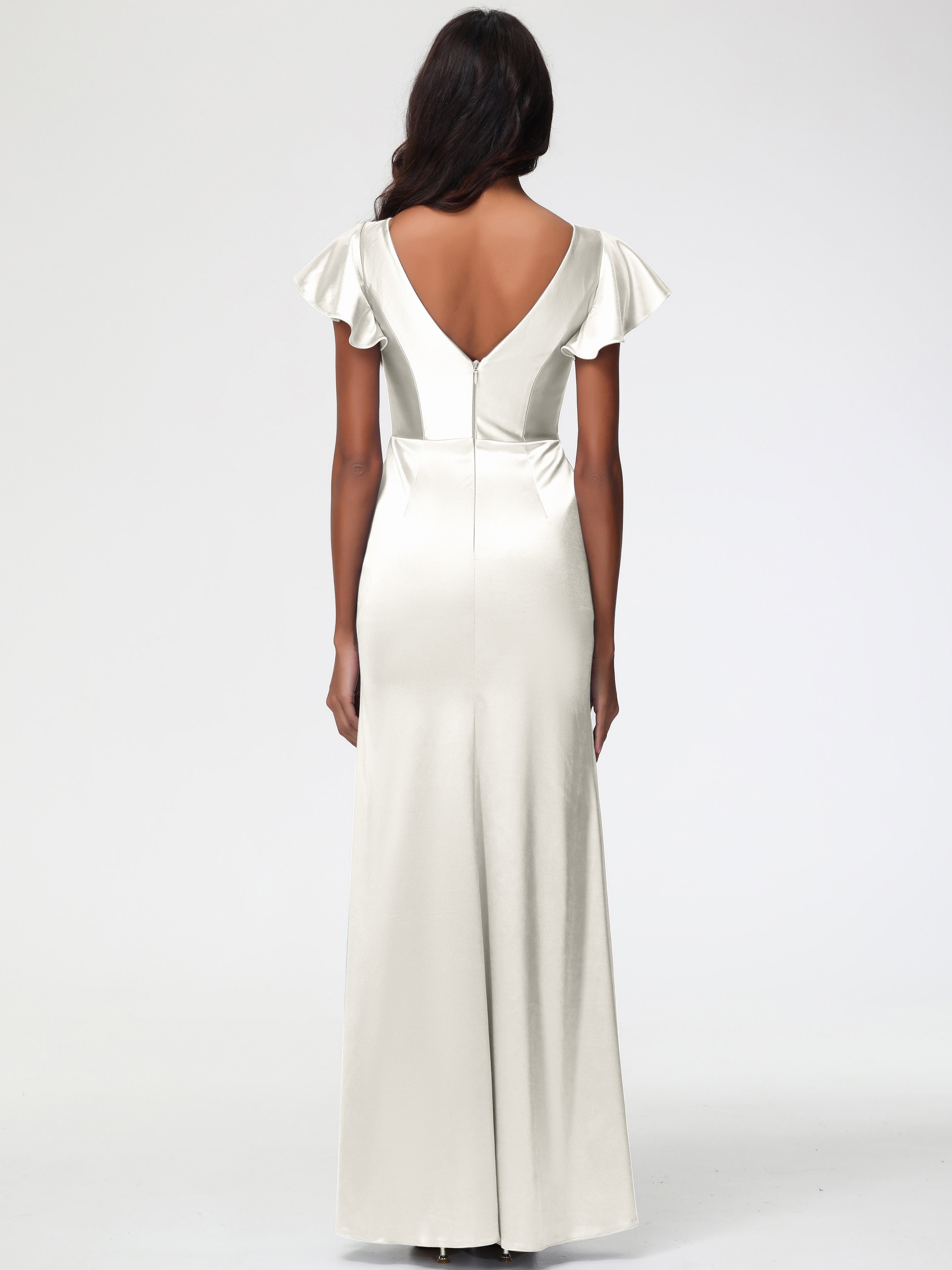 Robe De Demoiselle D Honneur Ivoire Col V Mancherons Satin Extensible Robe Fourreau Demoiselle D Honneur