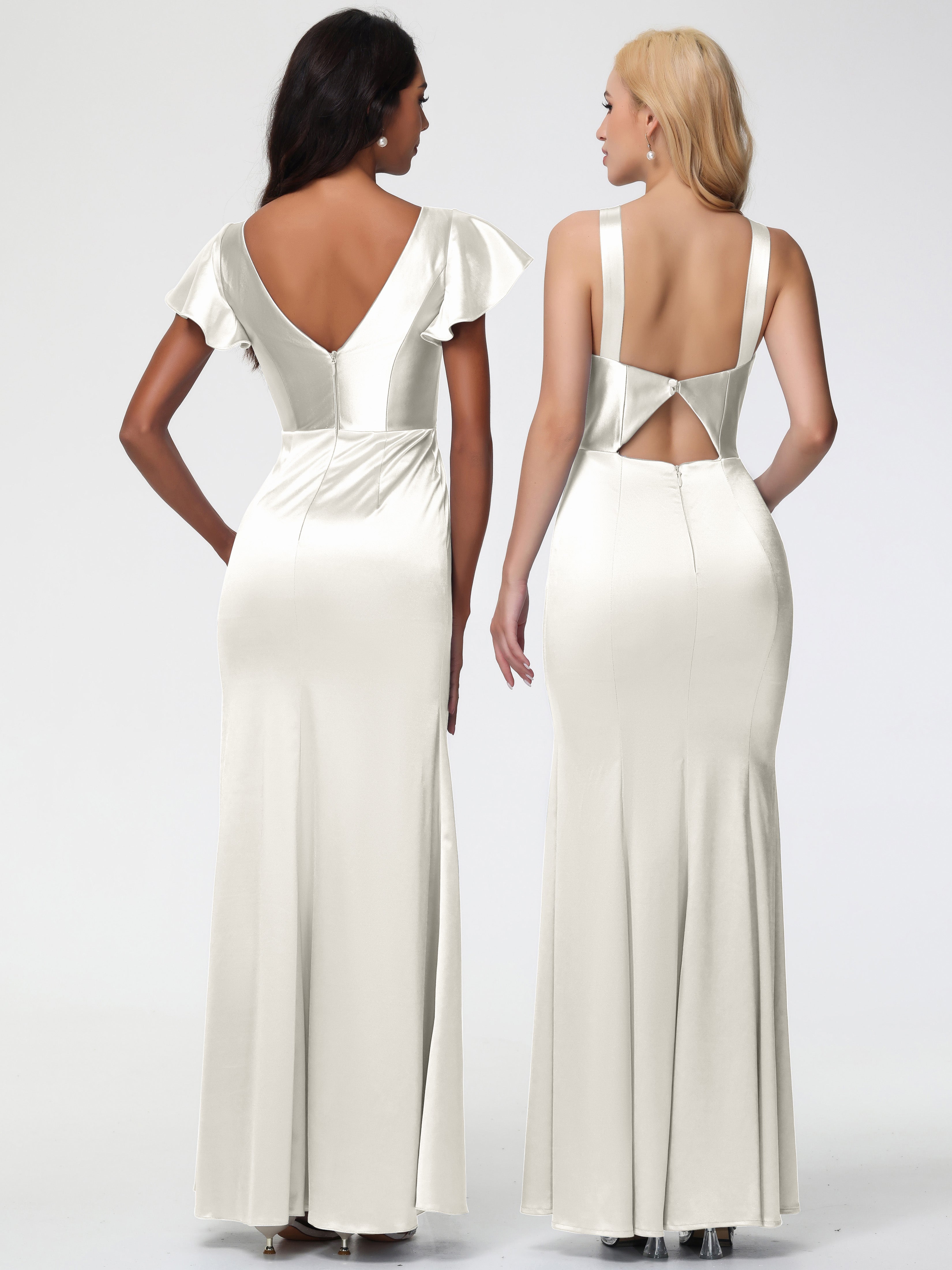 Robe De Demoiselle D Honneur Ivoire Col V Mancherons Satin Extensible Robe Fourreau Demoiselle D Honneur