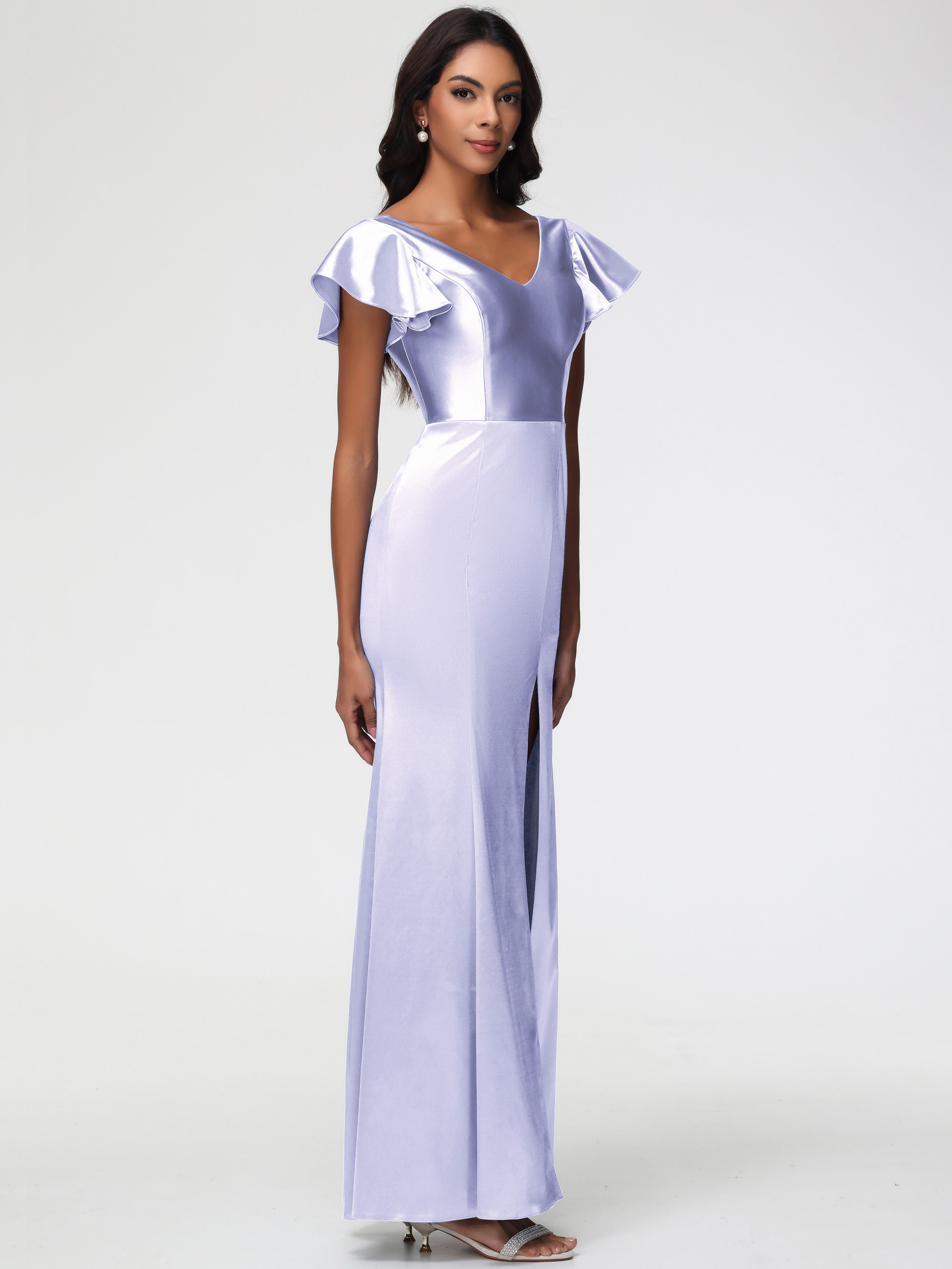 Robe Lavande Demoiselle D Honneur Col V Mancherons Satin Extensible Robe Fourreau Demoiselle D Honneur