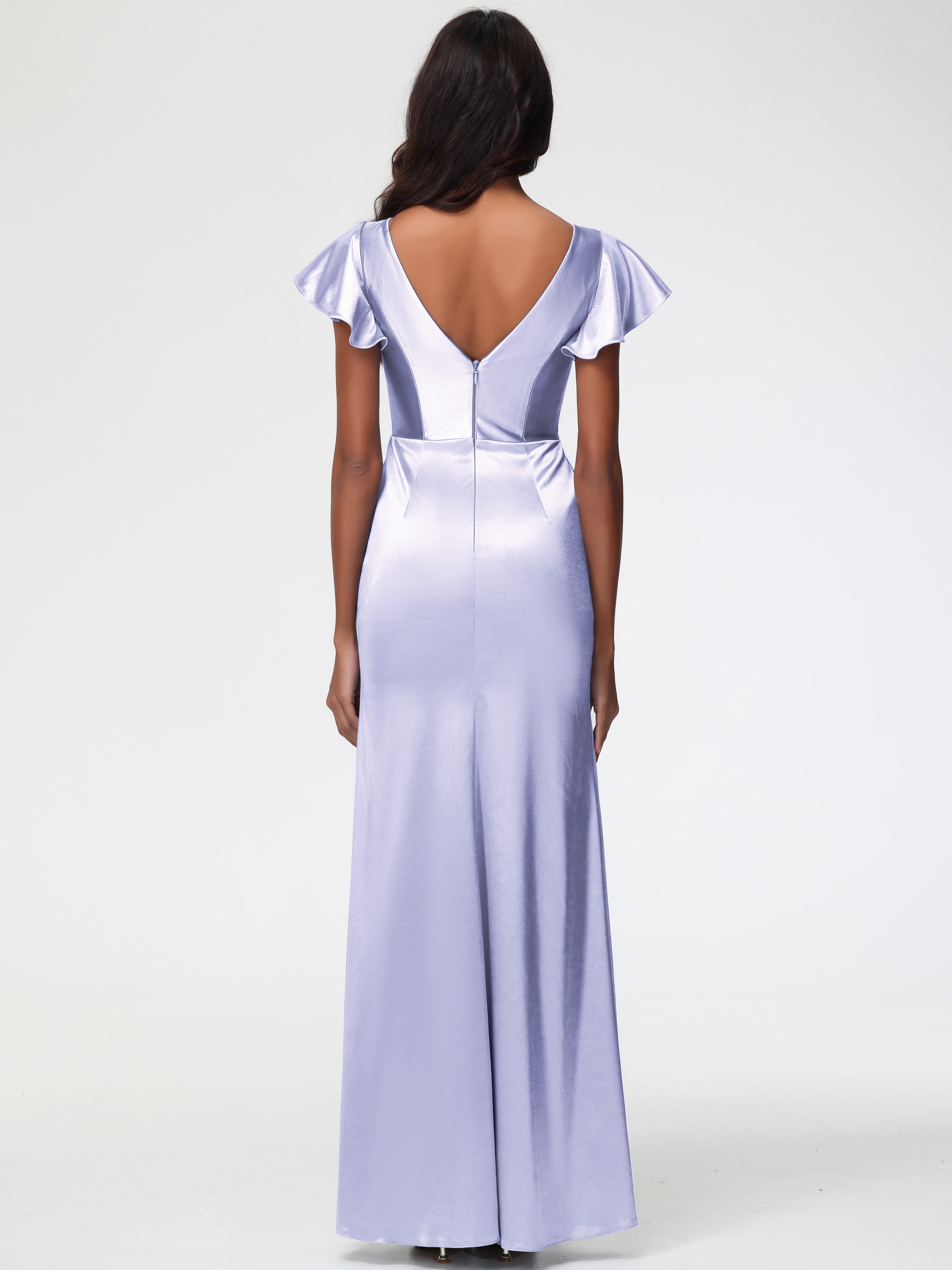 Robe Lavande Demoiselle D Honneur Col V Mancherons Satin Extensible Robe Fourreau Demoiselle D Honneur