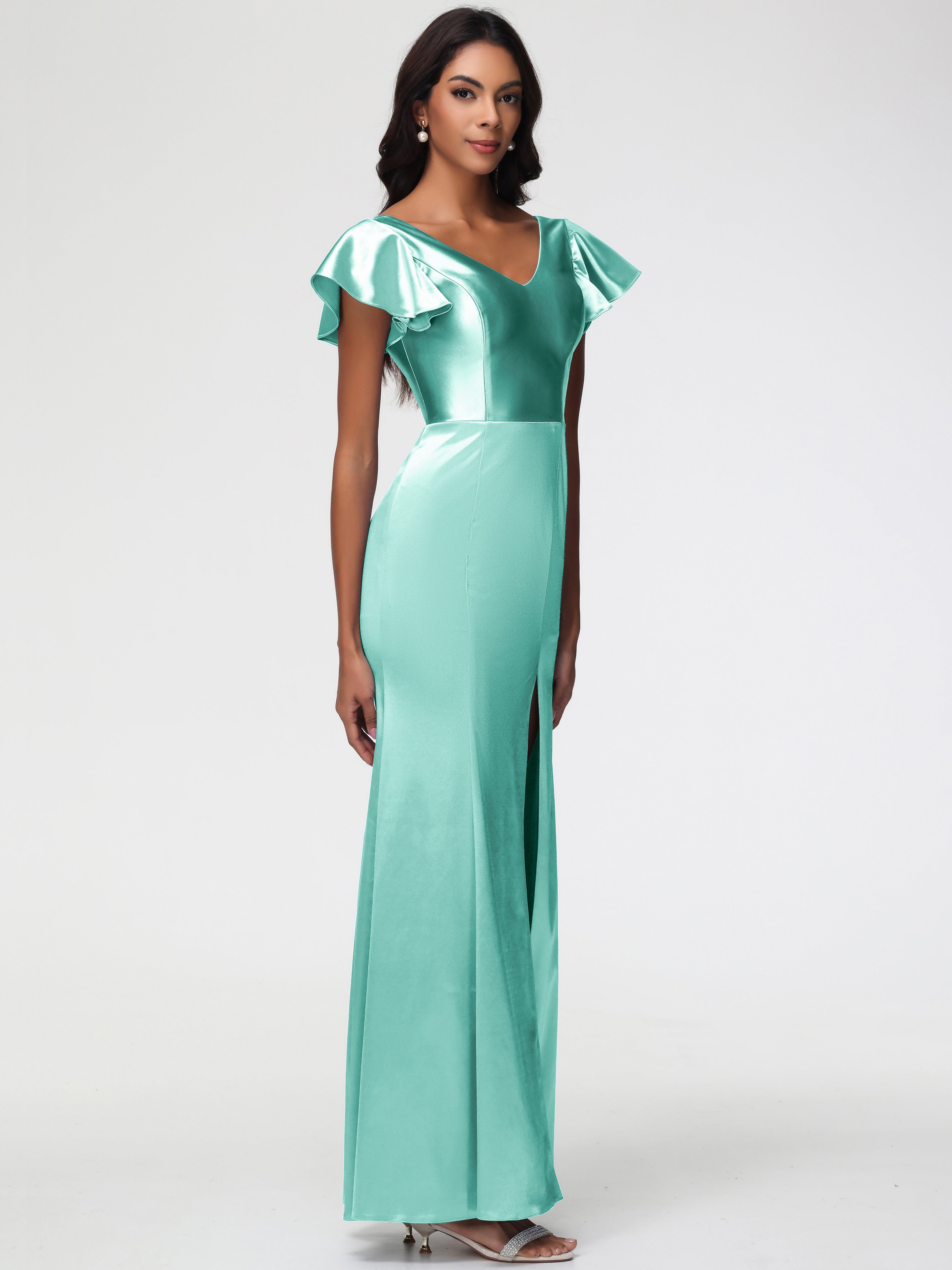 Robe Demoiselle D Honneur Vert Menthe Col V Mancherons Satin Extensible Robe Fourreau Demoiselle D Honneur