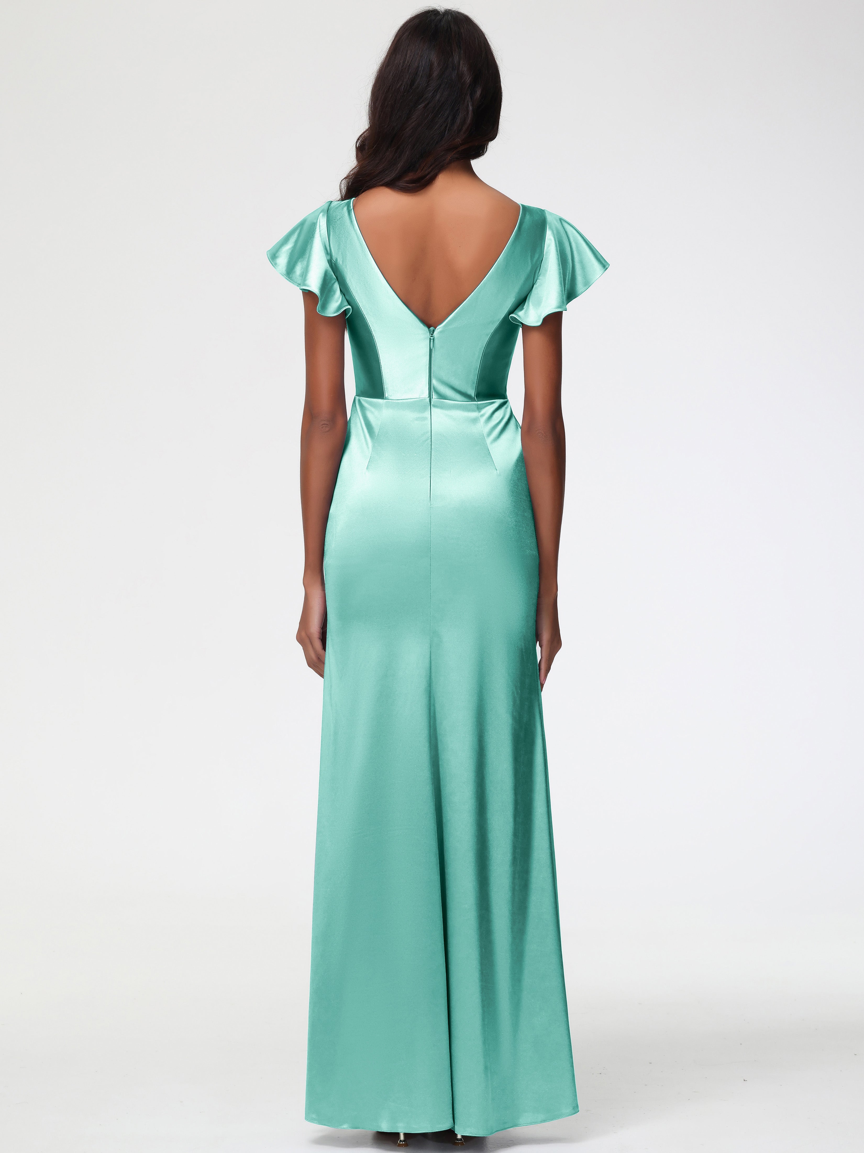 Robe Demoiselle D Honneur Vert Menthe Col V Mancherons Satin Extensible Robe Fourreau Demoiselle D Honneur