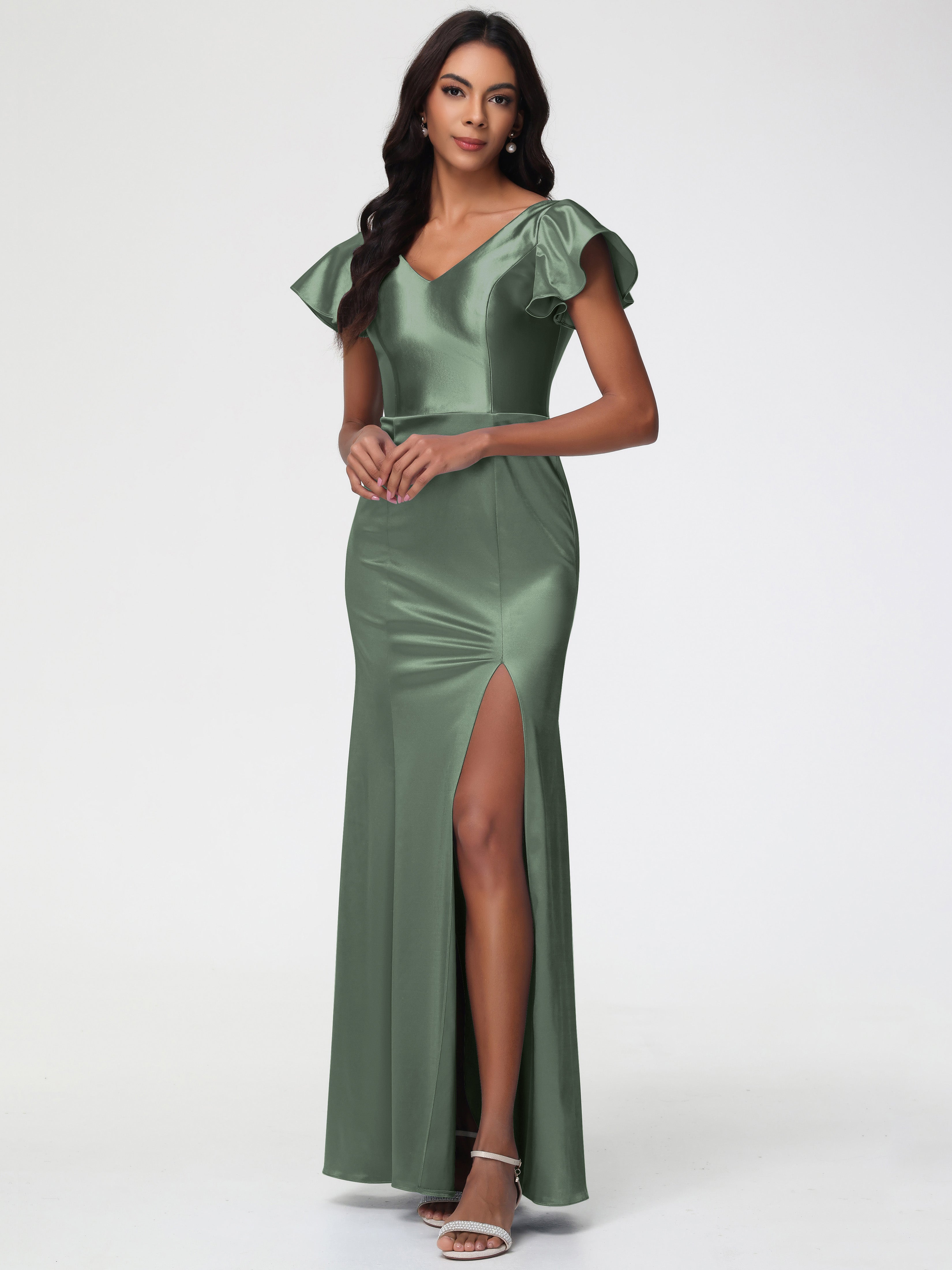 Robes De Demoiselle D'Honneur Vert Olive Col V Mancherons Satin Extensible Robe Fourreau Demoiselle D Honneur