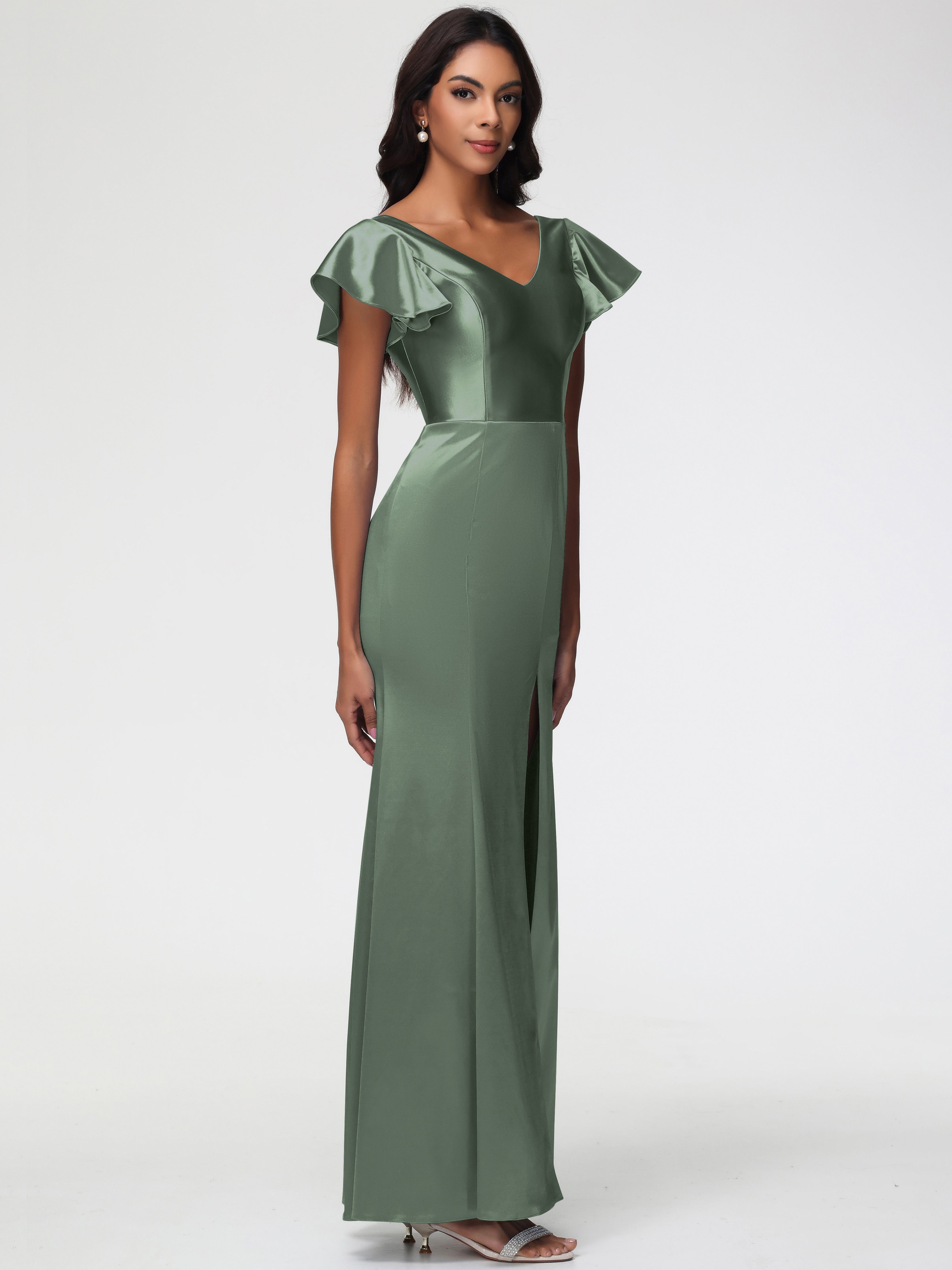 Robes De Demoiselle D'Honneur Vert Olive Col V Mancherons Satin Extensible Robe Fourreau Demoiselle D Honneur