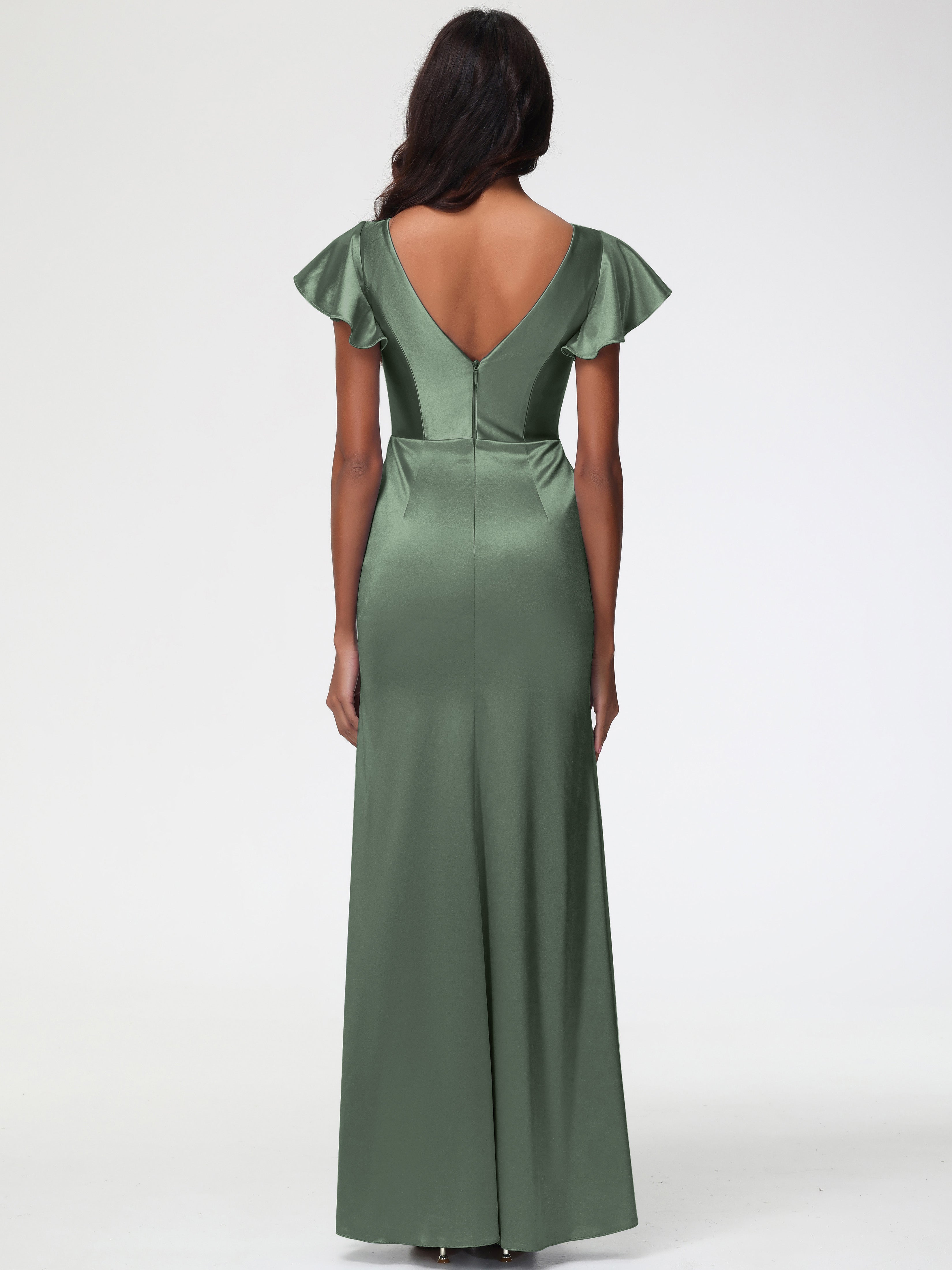 Robes De Demoiselle D'Honneur Vert Olive Col V Mancherons Satin Extensible Robe Fourreau Demoiselle D Honneur