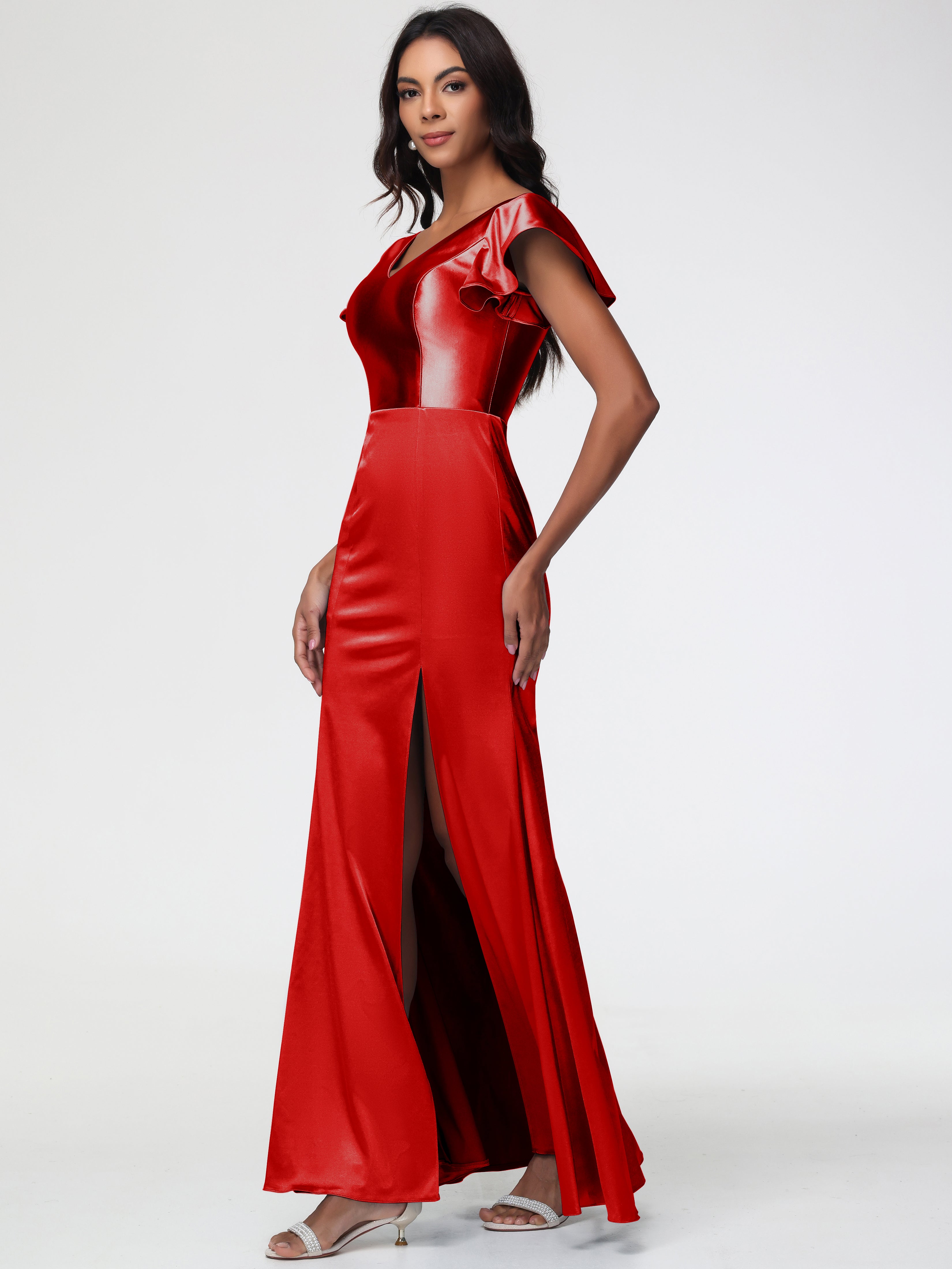 Robe Demoiselle D Honneur Rouge Pas Cher Col V Mancherons Satin Extensible Robe Fourreau Demoiselle D Honneur