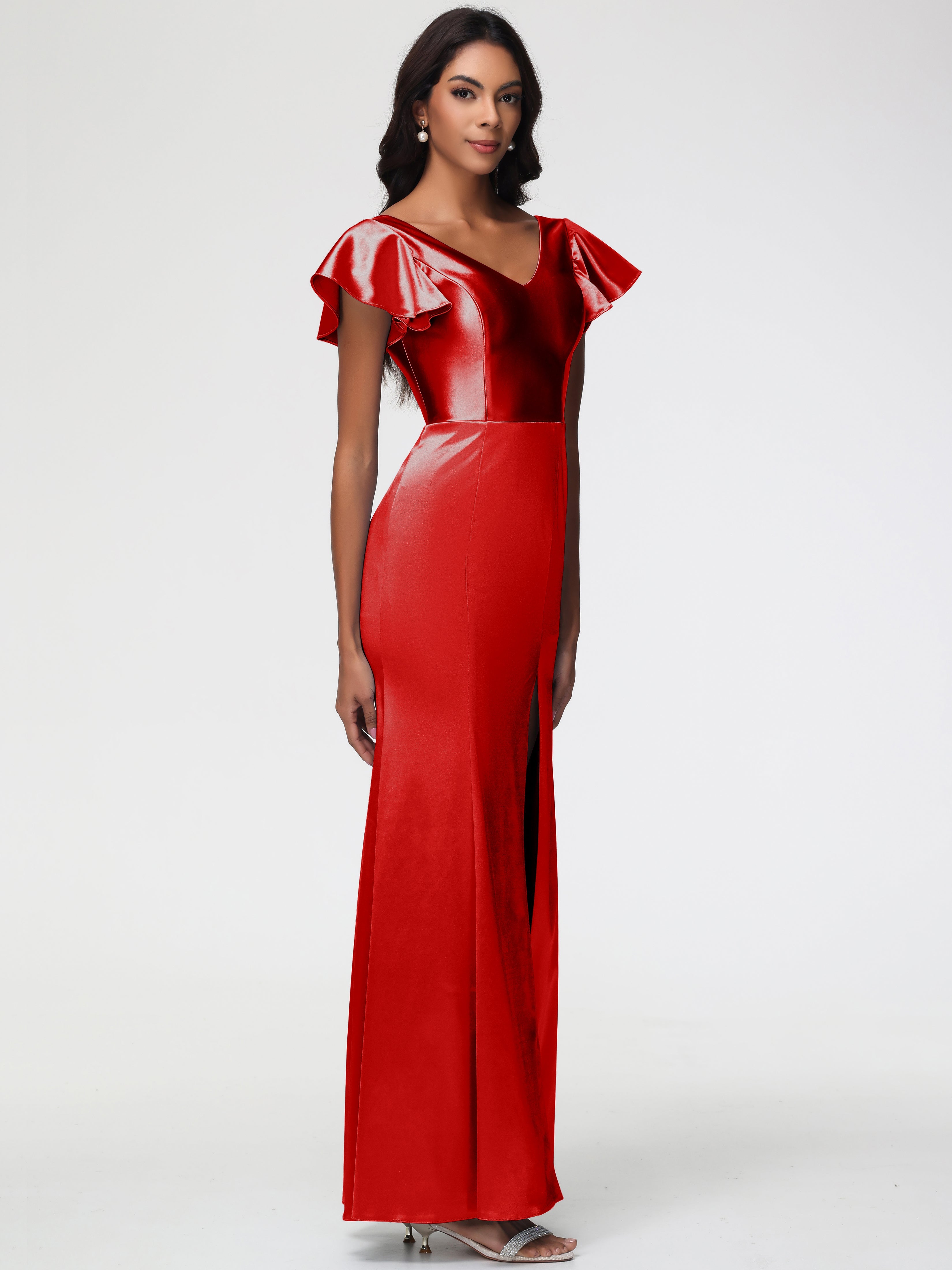 Robe Demoiselle D Honneur Rouge Pas Cher Col V Mancherons Satin Extensible Robe Fourreau Demoiselle D Honneur