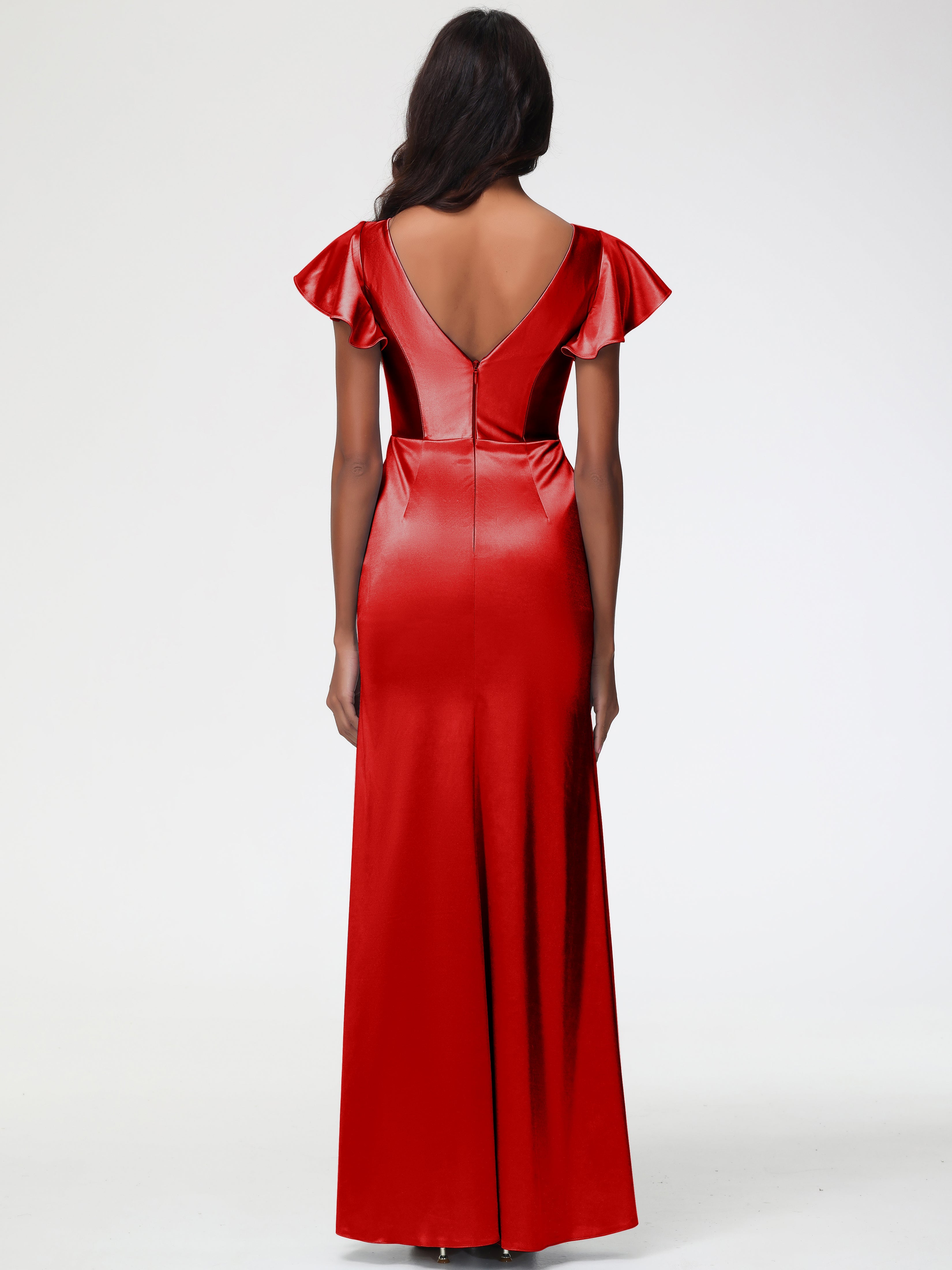 Robe Demoiselle D Honneur Rouge Pas Cher Col V Mancherons Satin Extensible Robe Fourreau Demoiselle D Honneur