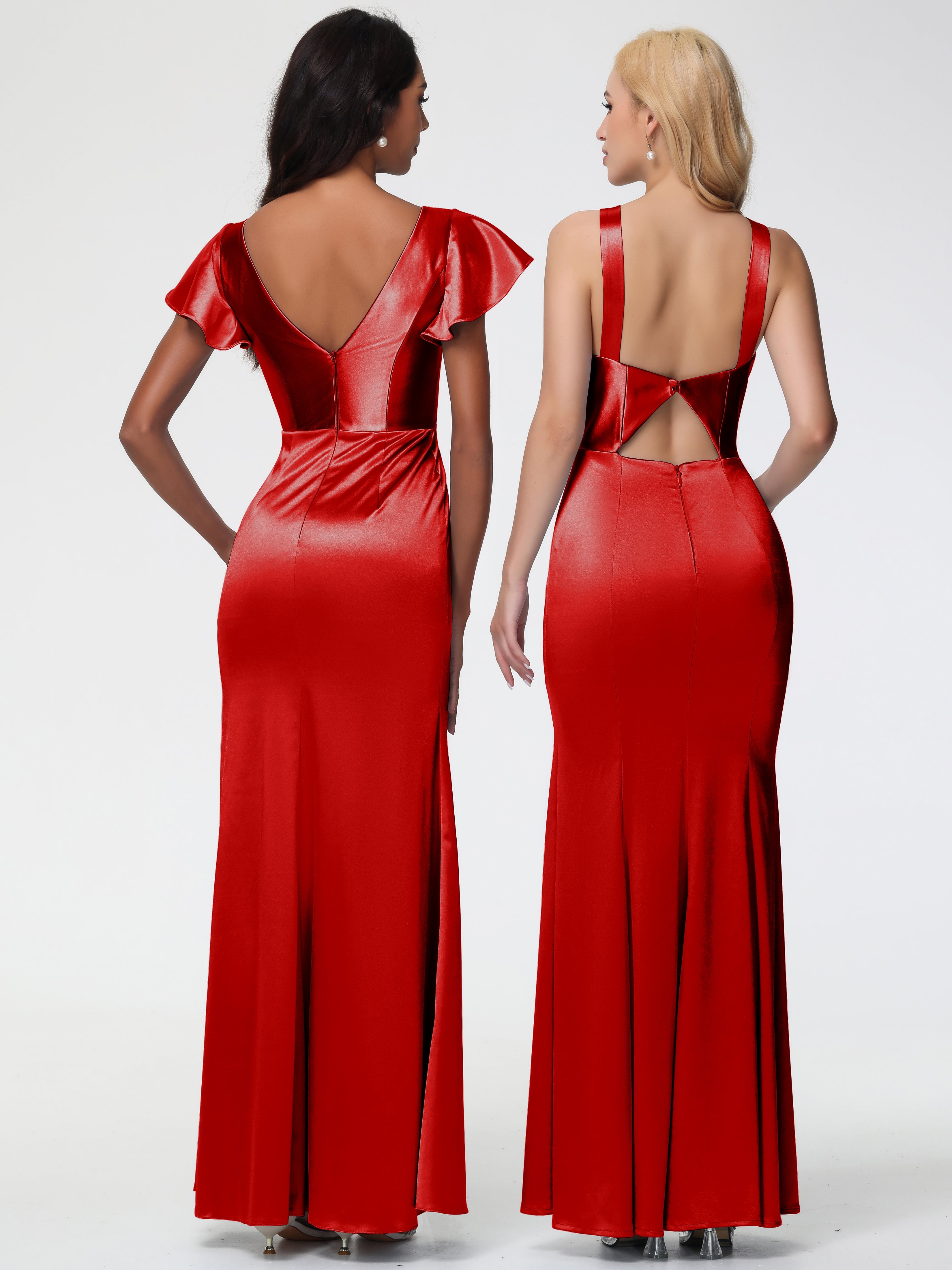 Robe Demoiselle D Honneur Rouge Pas Cher Col V Mancherons Satin Extensible Robe Fourreau Demoiselle D Honneur