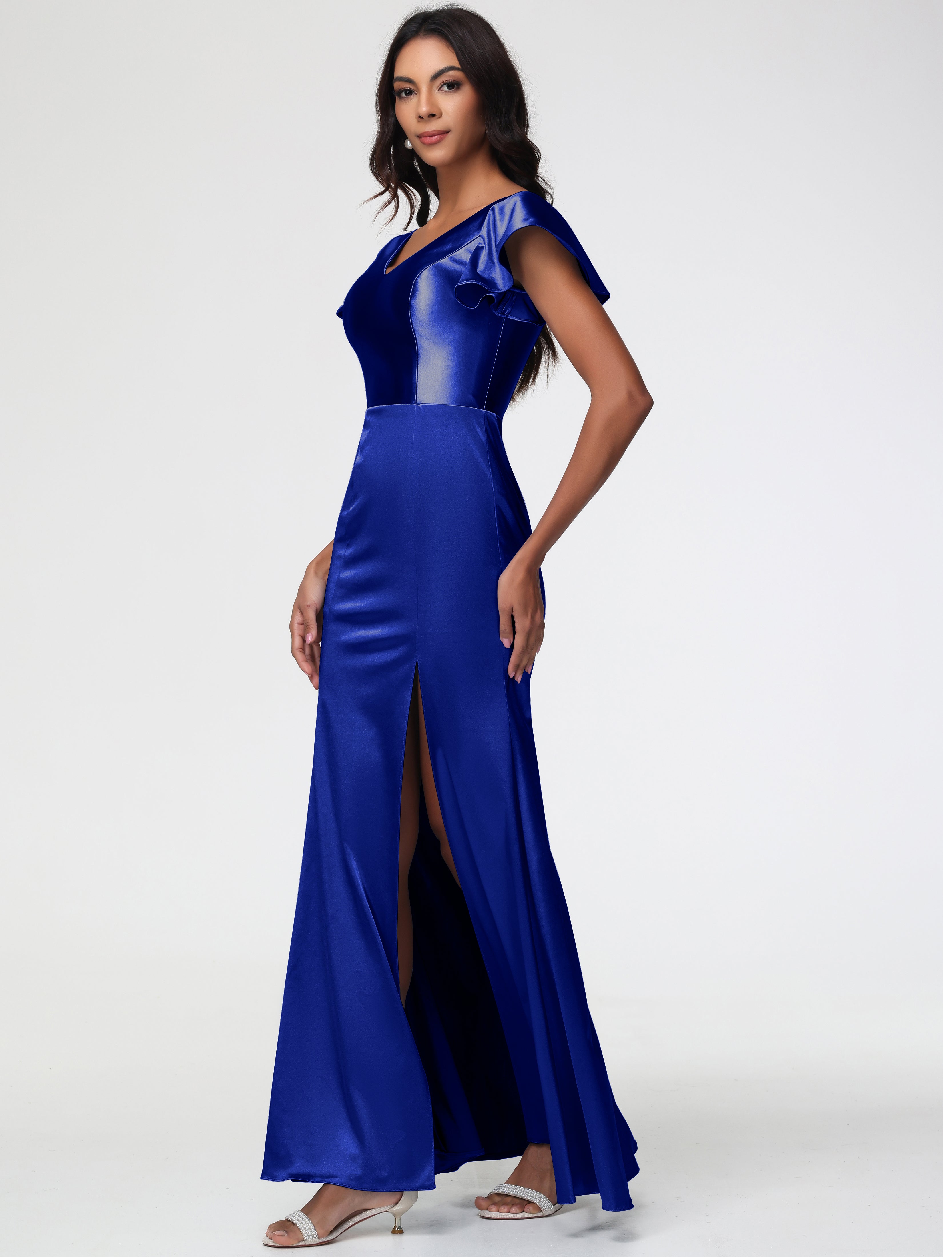 Robe Demoiselle D Honneur Bleu Royal Col V Mancherons Satin Extensible Robe Fourreau Demoiselle D Honneur