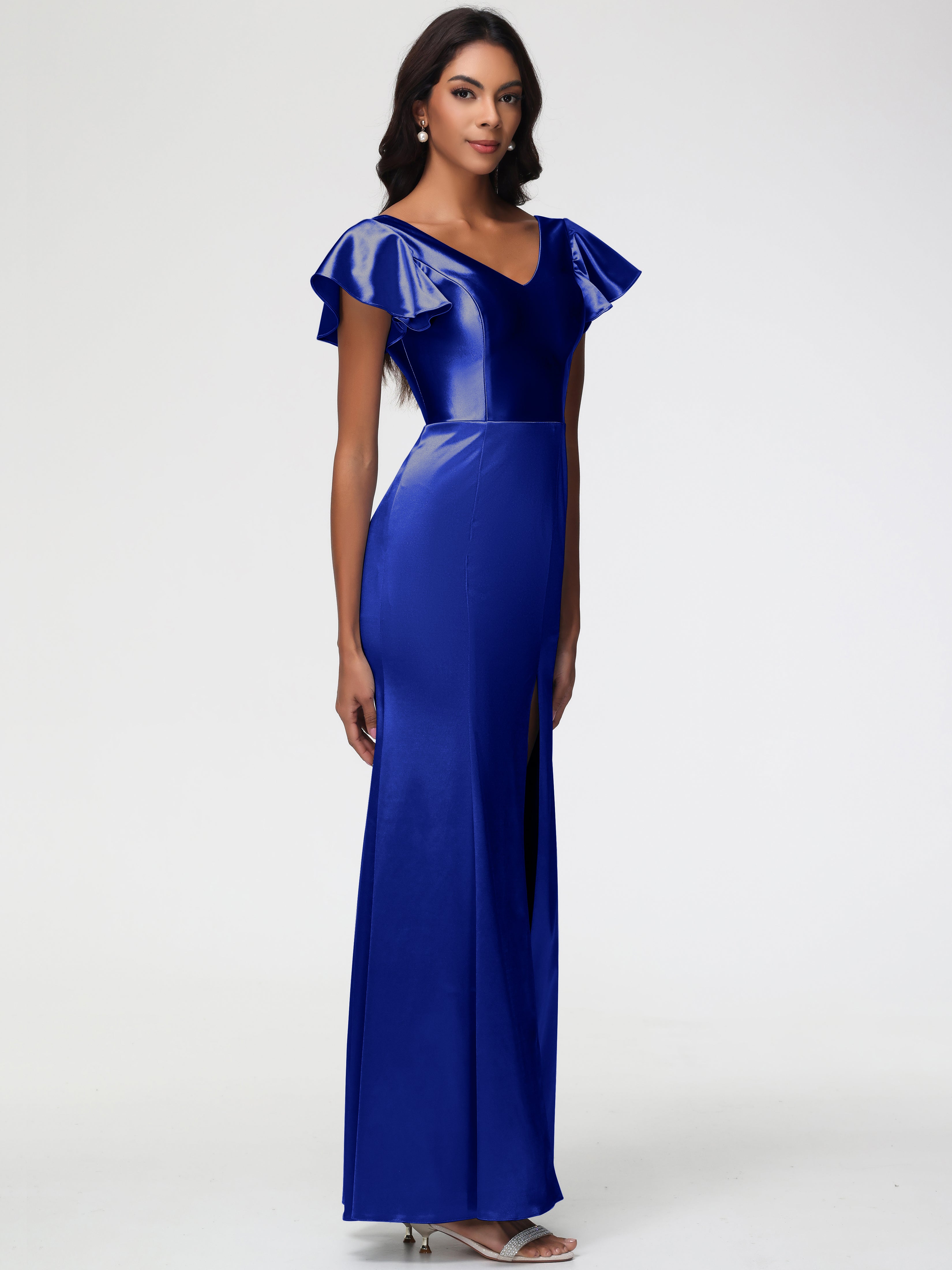 Robe Demoiselle D Honneur Bleu Royal Col V Mancherons Satin Extensible Robe Fourreau Demoiselle D Honneur
