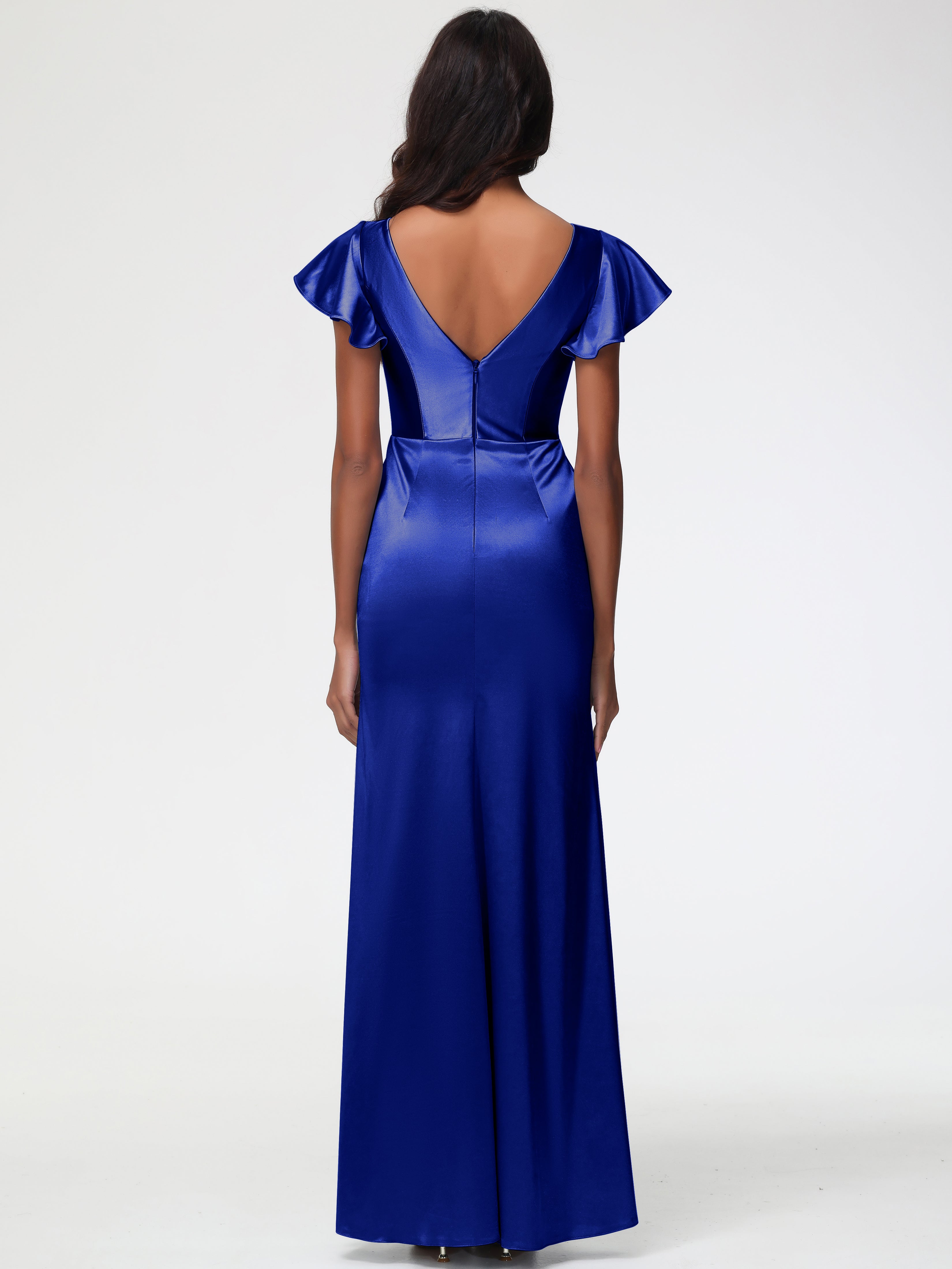 Robe Demoiselle D Honneur Bleu Royal Col V Mancherons Satin Extensible Robe Fourreau Demoiselle D Honneur