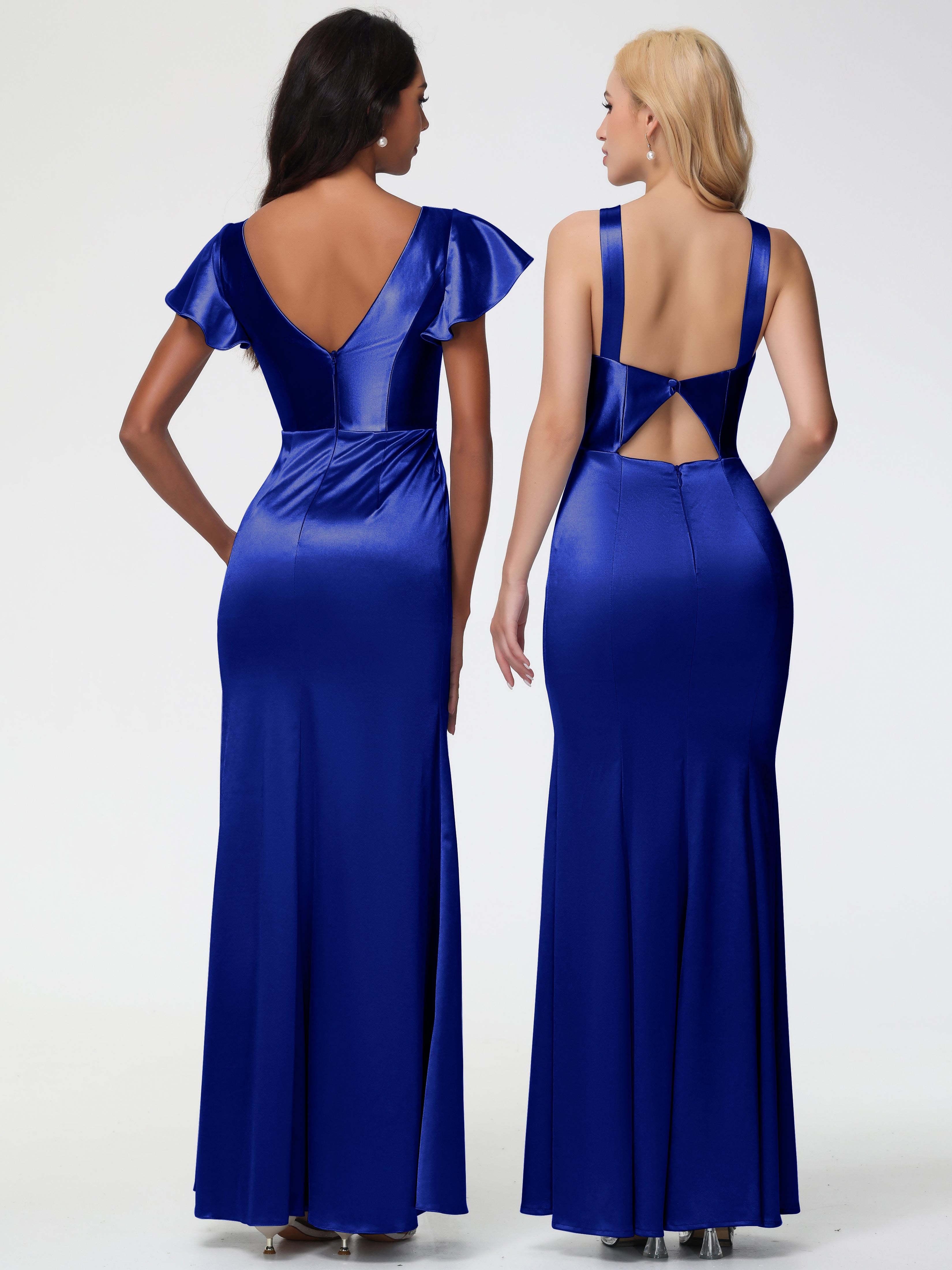Robe Demoiselle D Honneur Bleu Royal Col V Mancherons Satin Extensible Robe Fourreau Demoiselle D Honneur