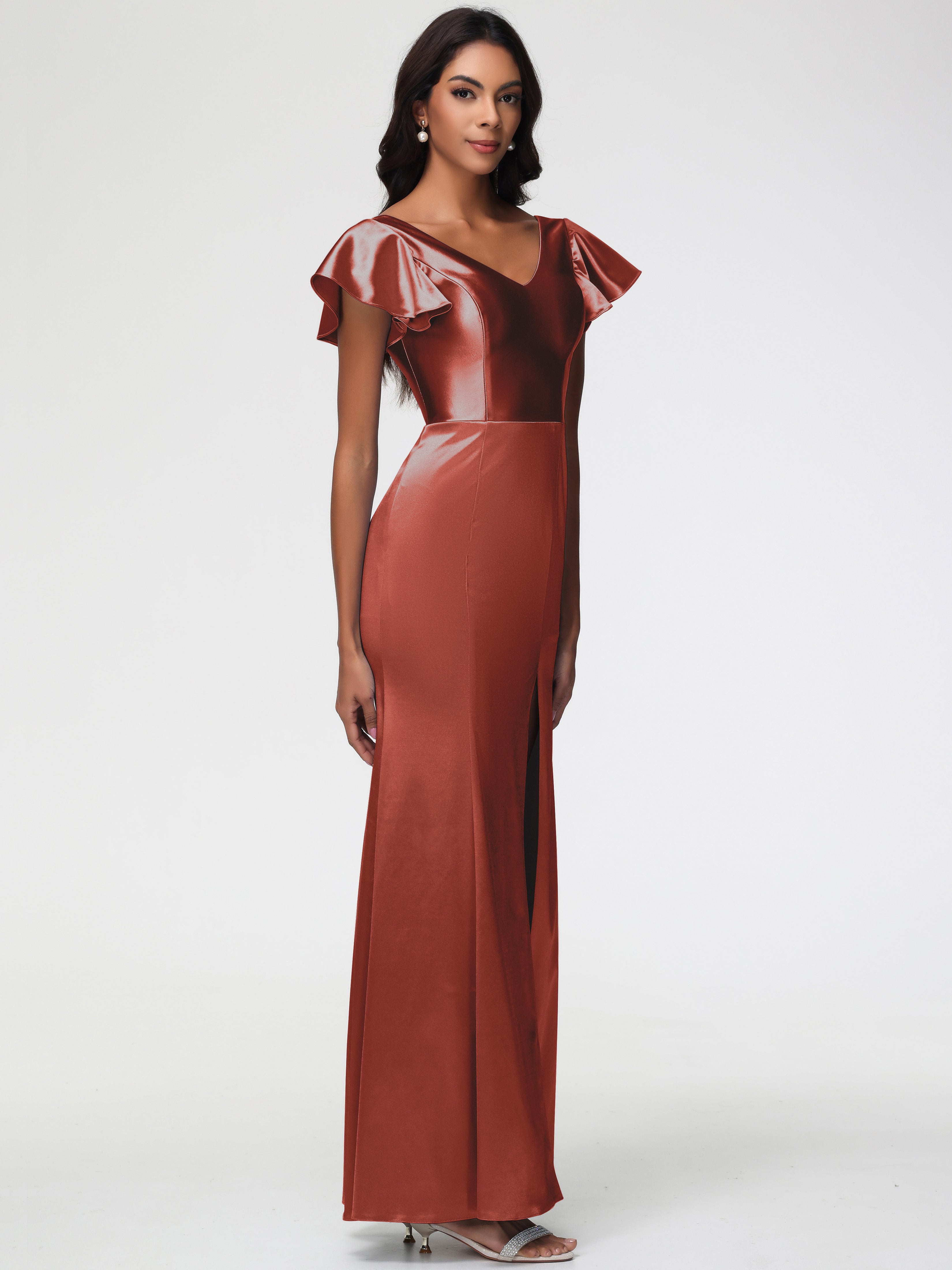 Longues Robes De Demoiselle D'Honneur De Rouille Col V Mancherons Satin Extensible Robe Fourreau Demoiselle D Honneur