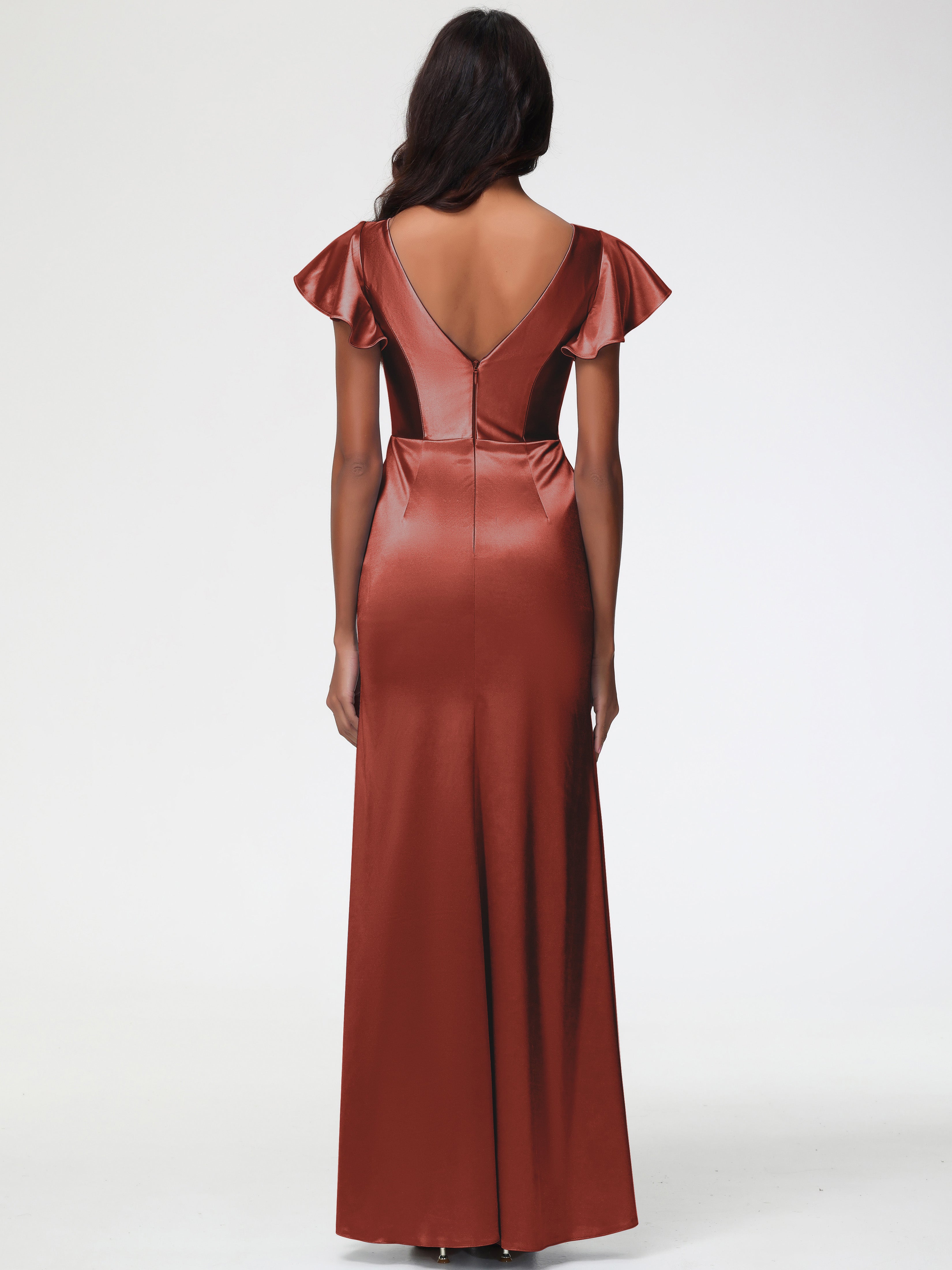 Longues Robes De Demoiselle D'Honneur De Rouille Col V Mancherons Satin Extensible Robe Fourreau Demoiselle D Honneur