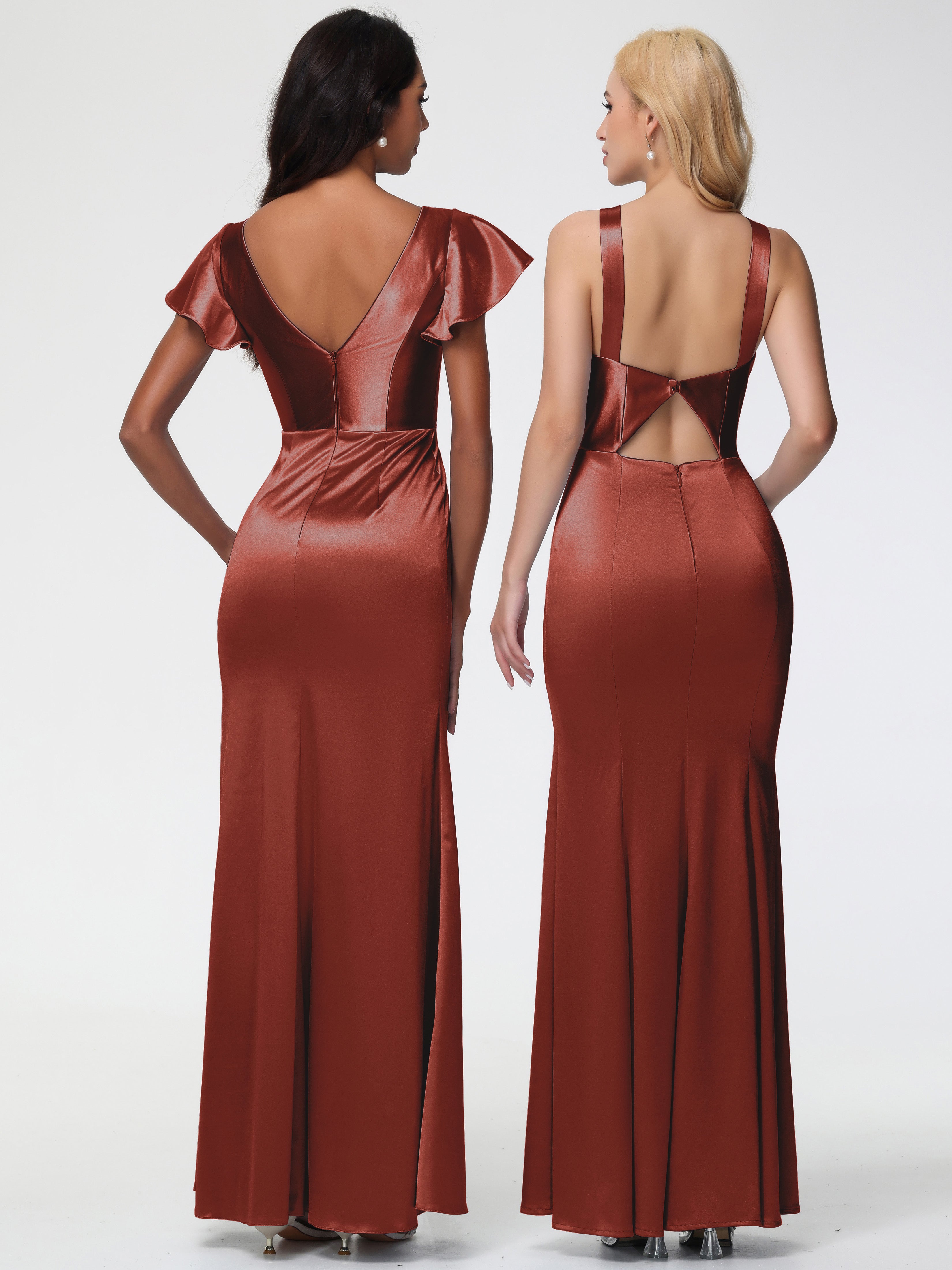 Longues Robes De Demoiselle D'Honneur De Rouille Col V Mancherons Satin Extensible Robe Fourreau Demoiselle D Honneur