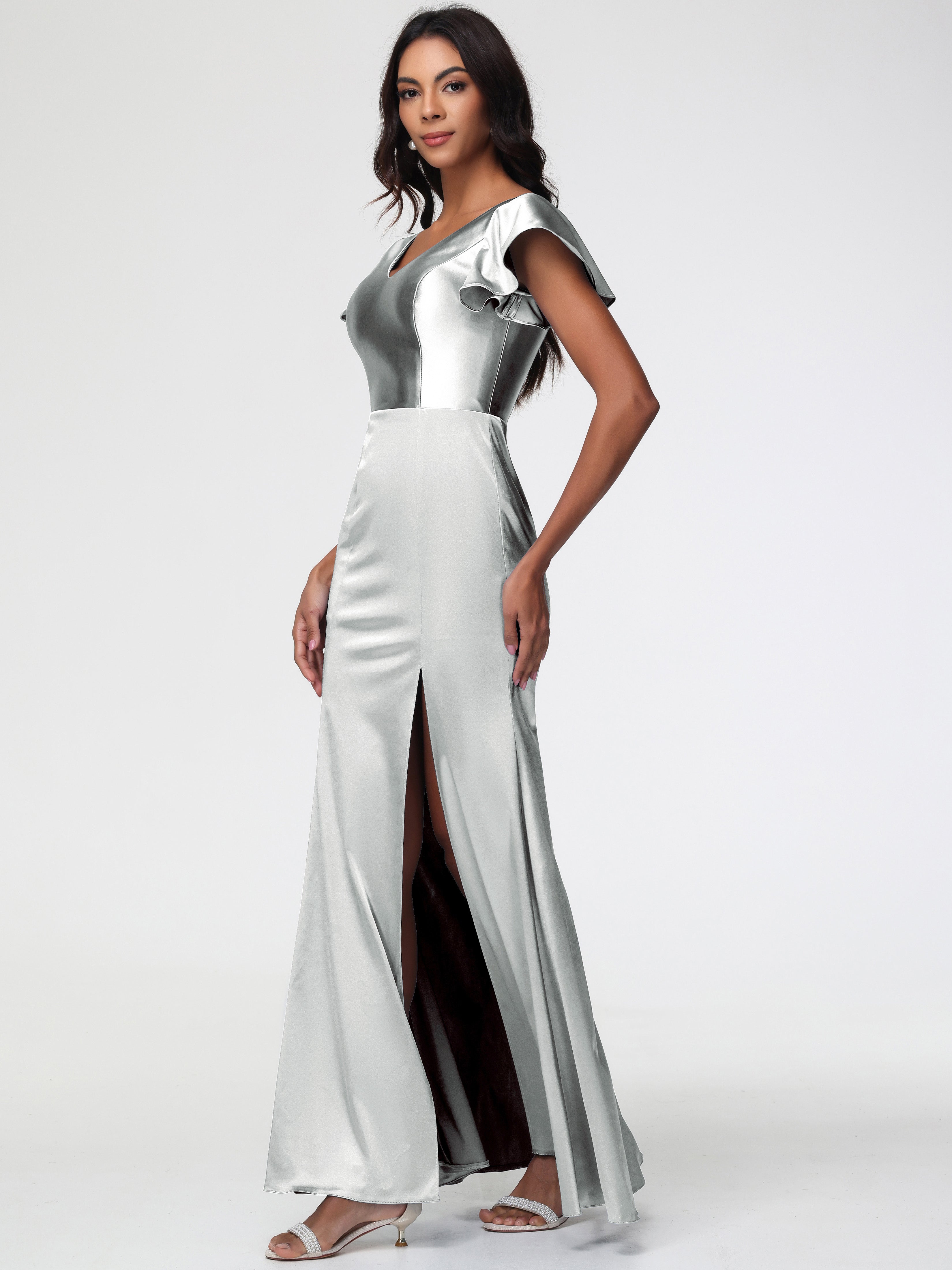 Robe Demoiselle D Honneur Argenté Col V Mancherons Satin Extensible Robe Fourreau Demoiselle D Honneur