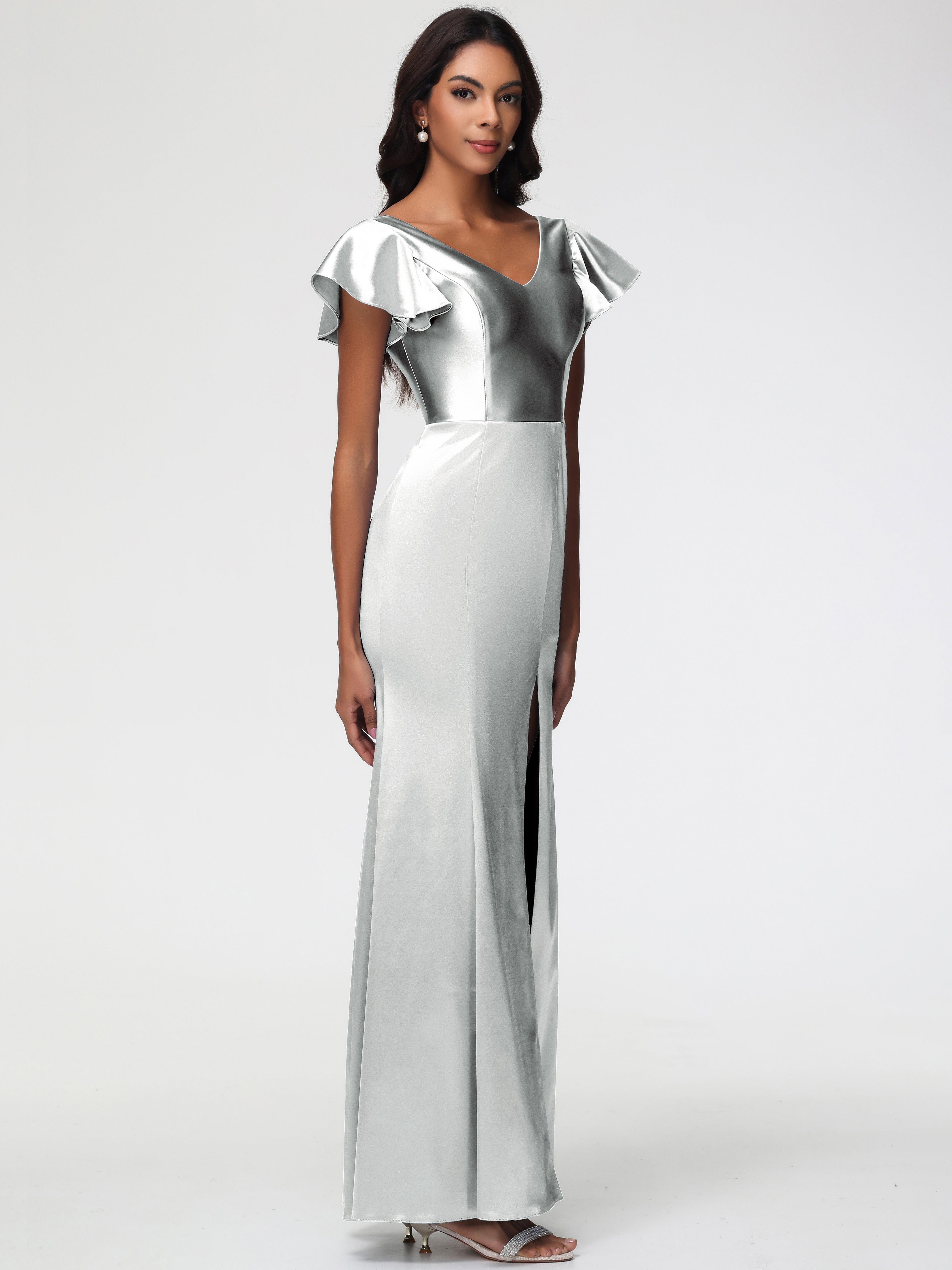Robe Demoiselle D Honneur Argenté Col V Mancherons Satin Extensible Robe Fourreau Demoiselle D Honneur