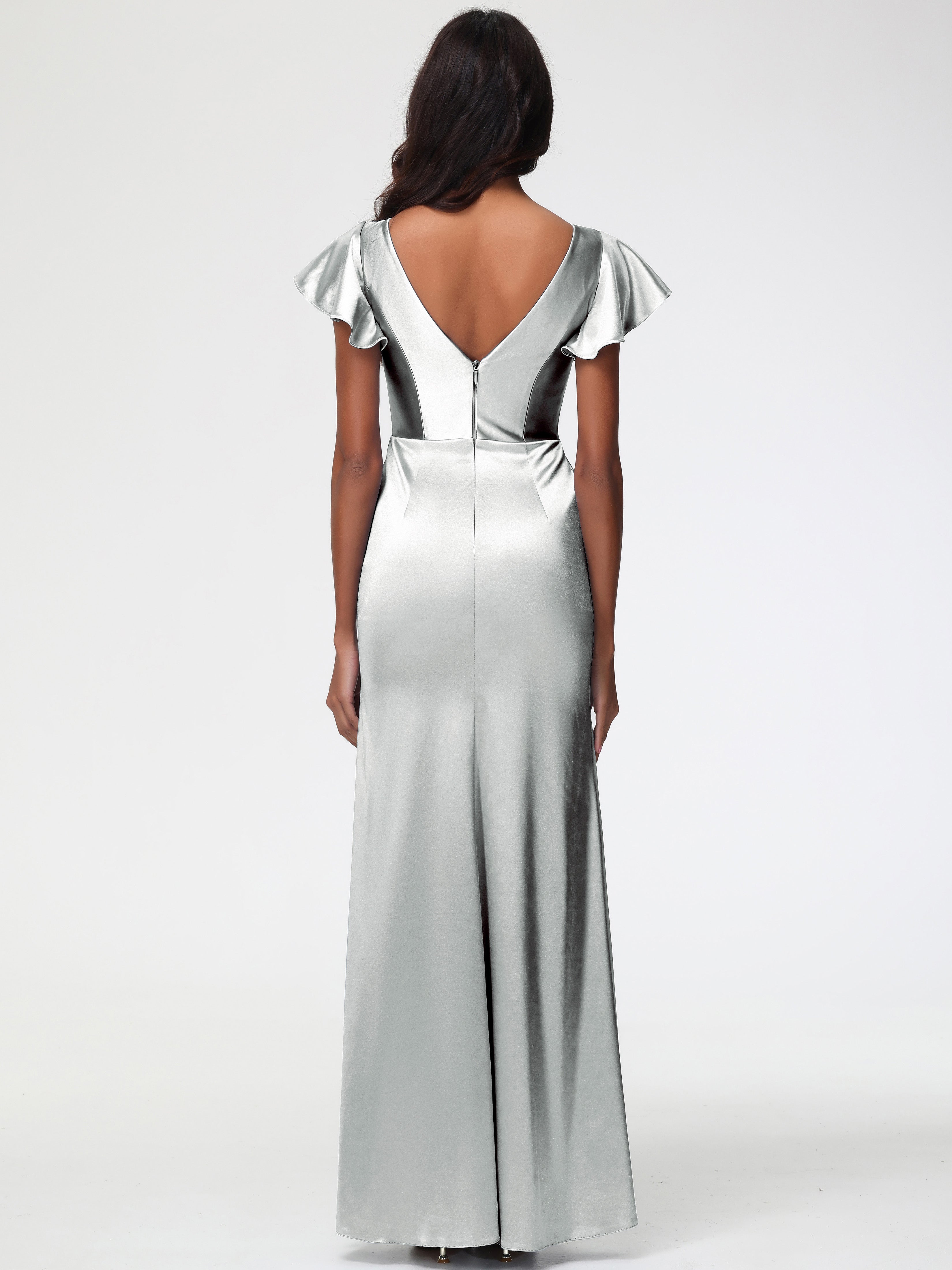 Robe Demoiselle D Honneur Argenté Col V Mancherons Satin Extensible Robe Fourreau Demoiselle D Honneur