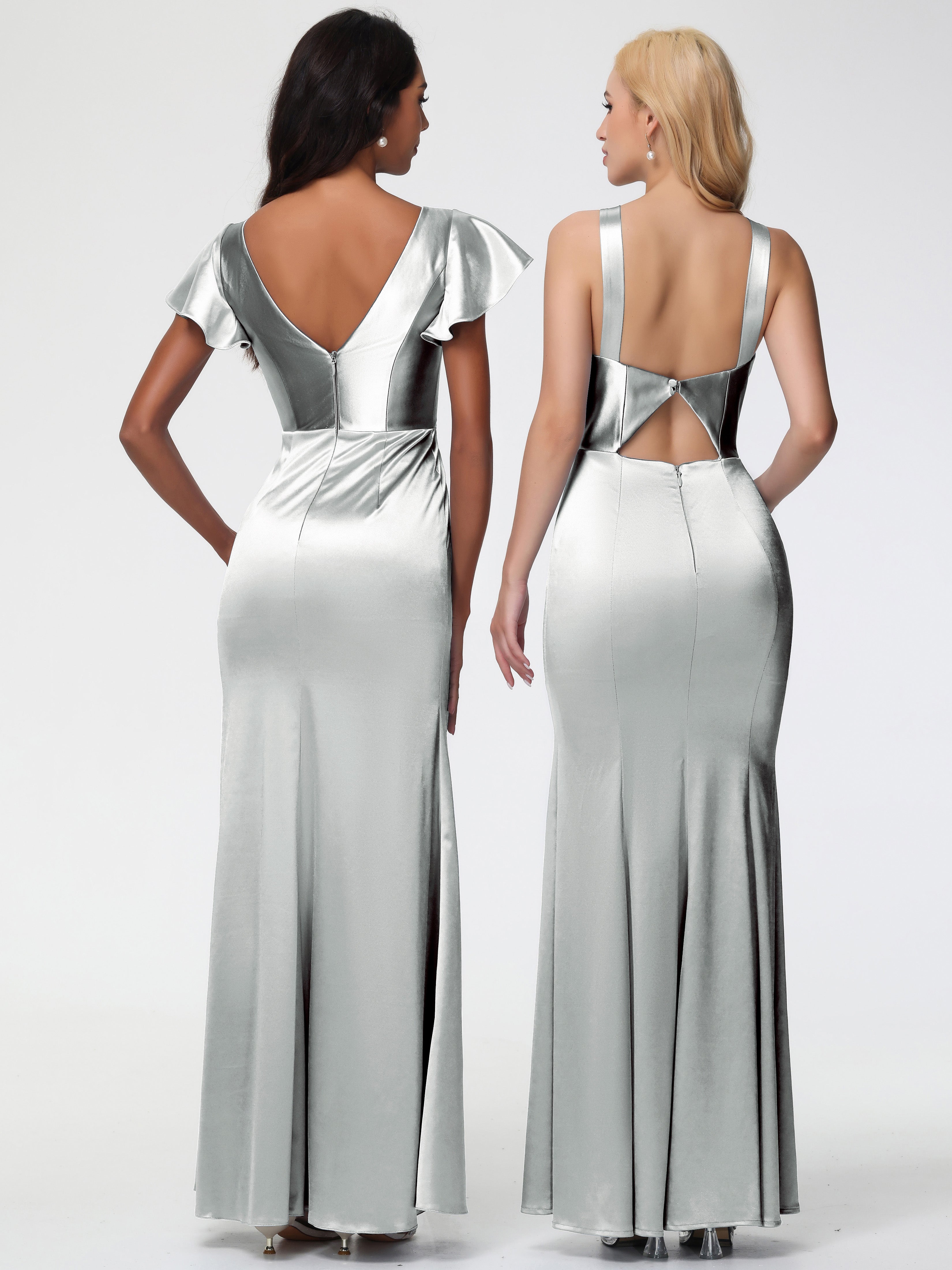 Robe Demoiselle D Honneur Argenté Col V Mancherons Satin Extensible Robe Fourreau Demoiselle D Honneur