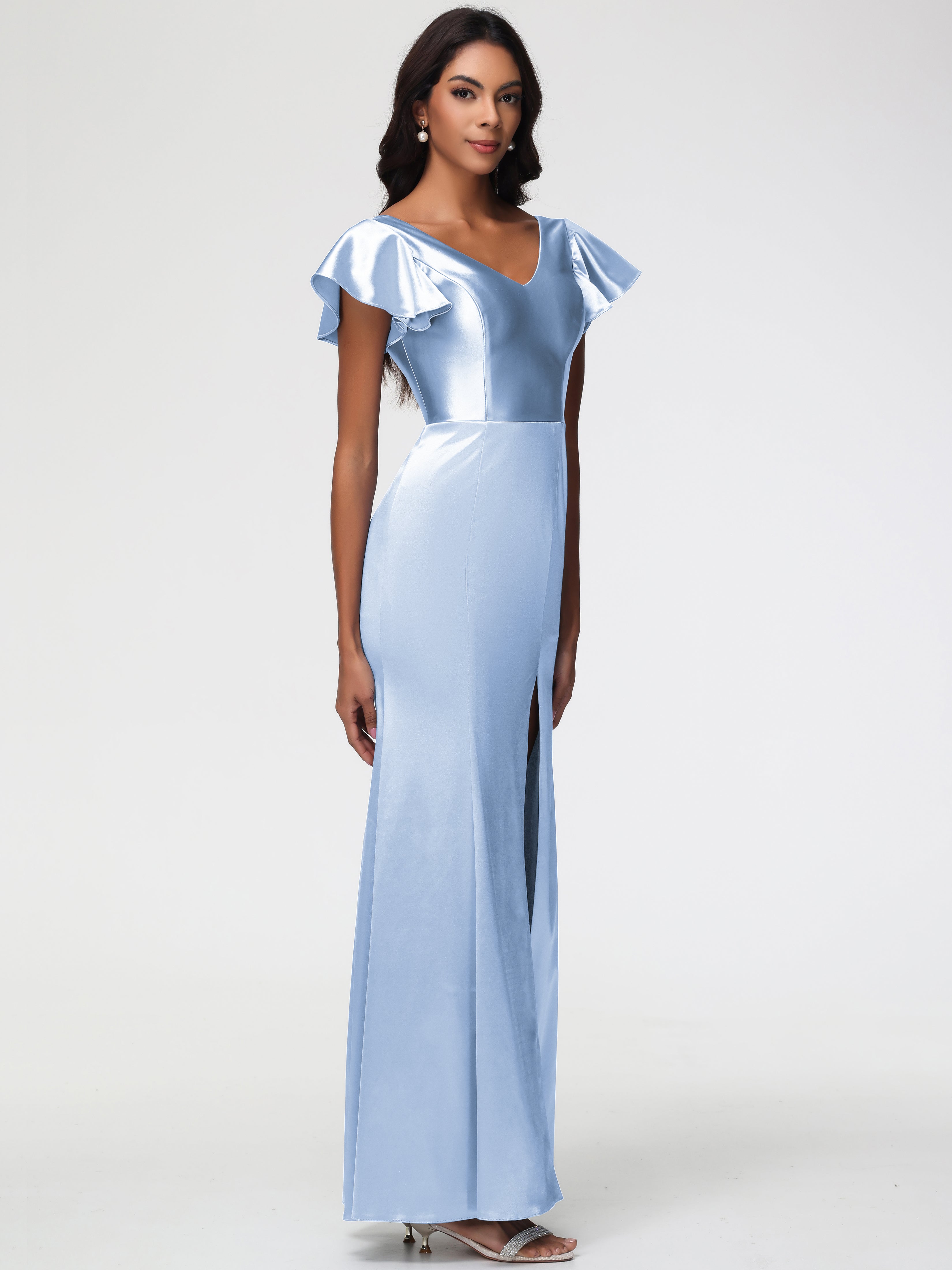 Robe Demoiselle D Honneur Bleu Ciel Col V Mancherons Satin Extensible Robe Fourreau Demoiselle D Honneur