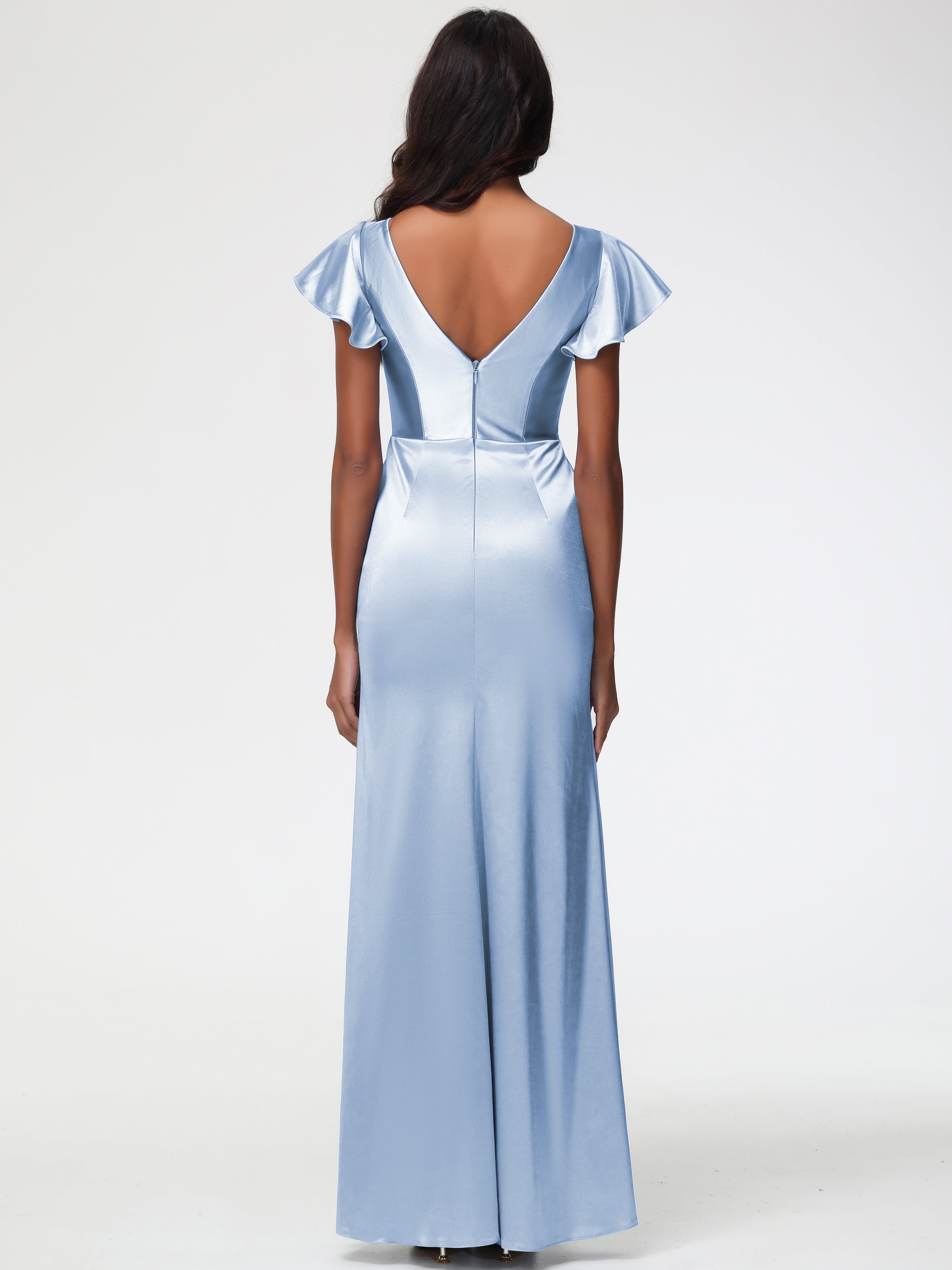 Robe Demoiselle D Honneur Bleu Ciel Col V Mancherons Satin Extensible Robe Fourreau Demoiselle D Honneur