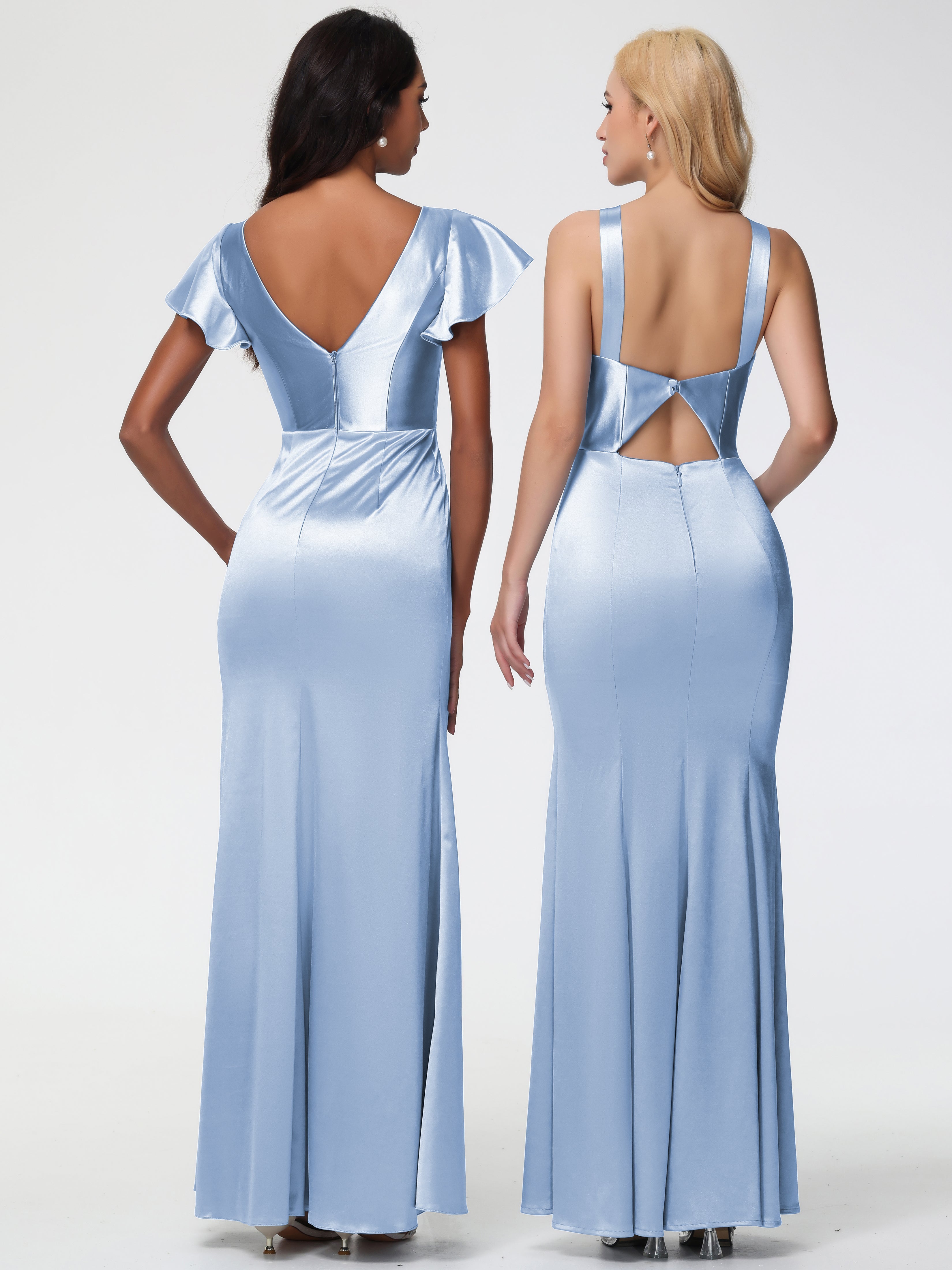 Robe Demoiselle D Honneur Bleu Ciel Col V Mancherons Satin Extensible Robe Fourreau Demoiselle D Honneur