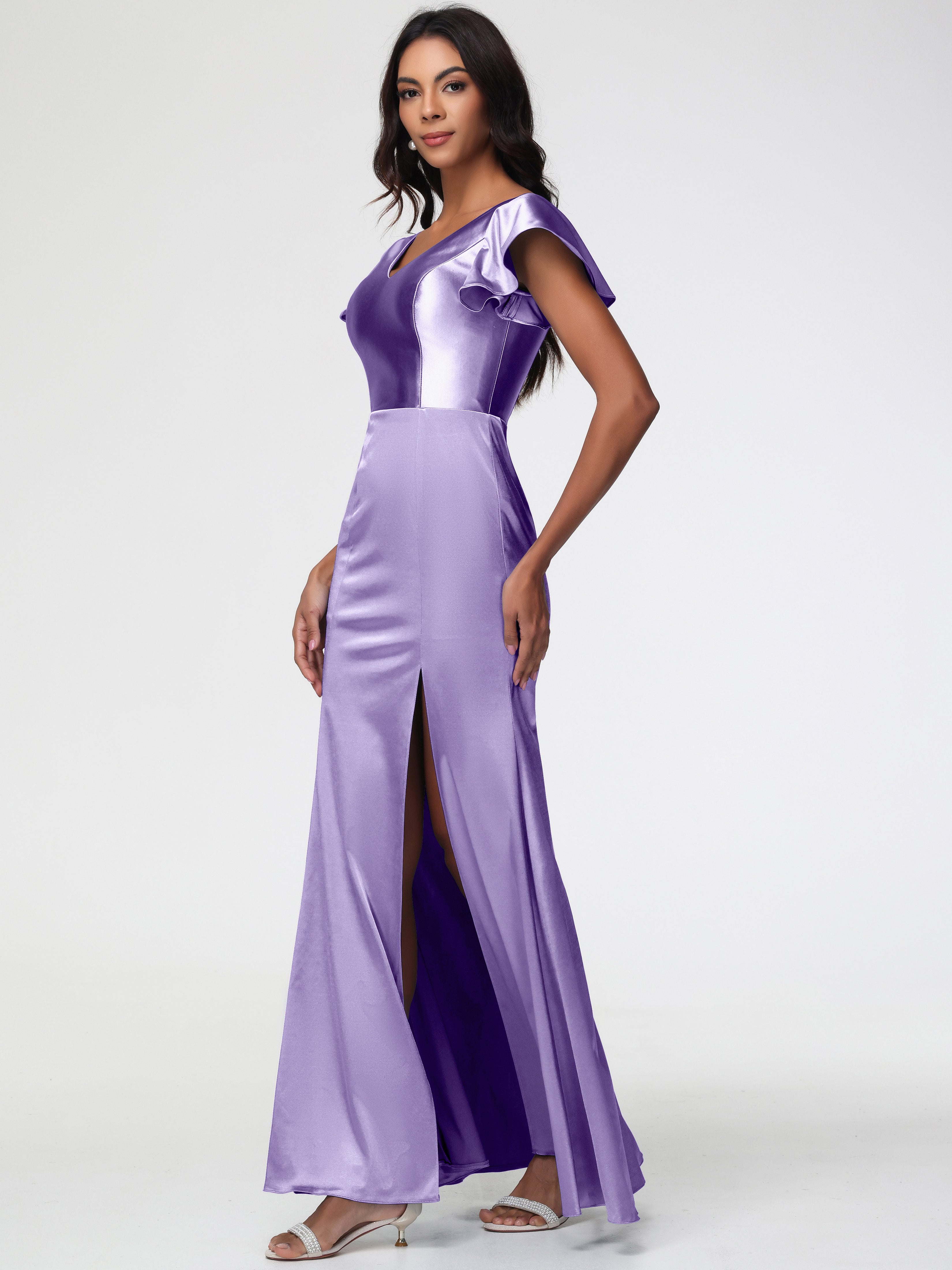 Robes De Demoiselle D'Honneur Tahiti Col V Mancherons Satin Extensible Robe Fourreau Demoiselle D Honneur