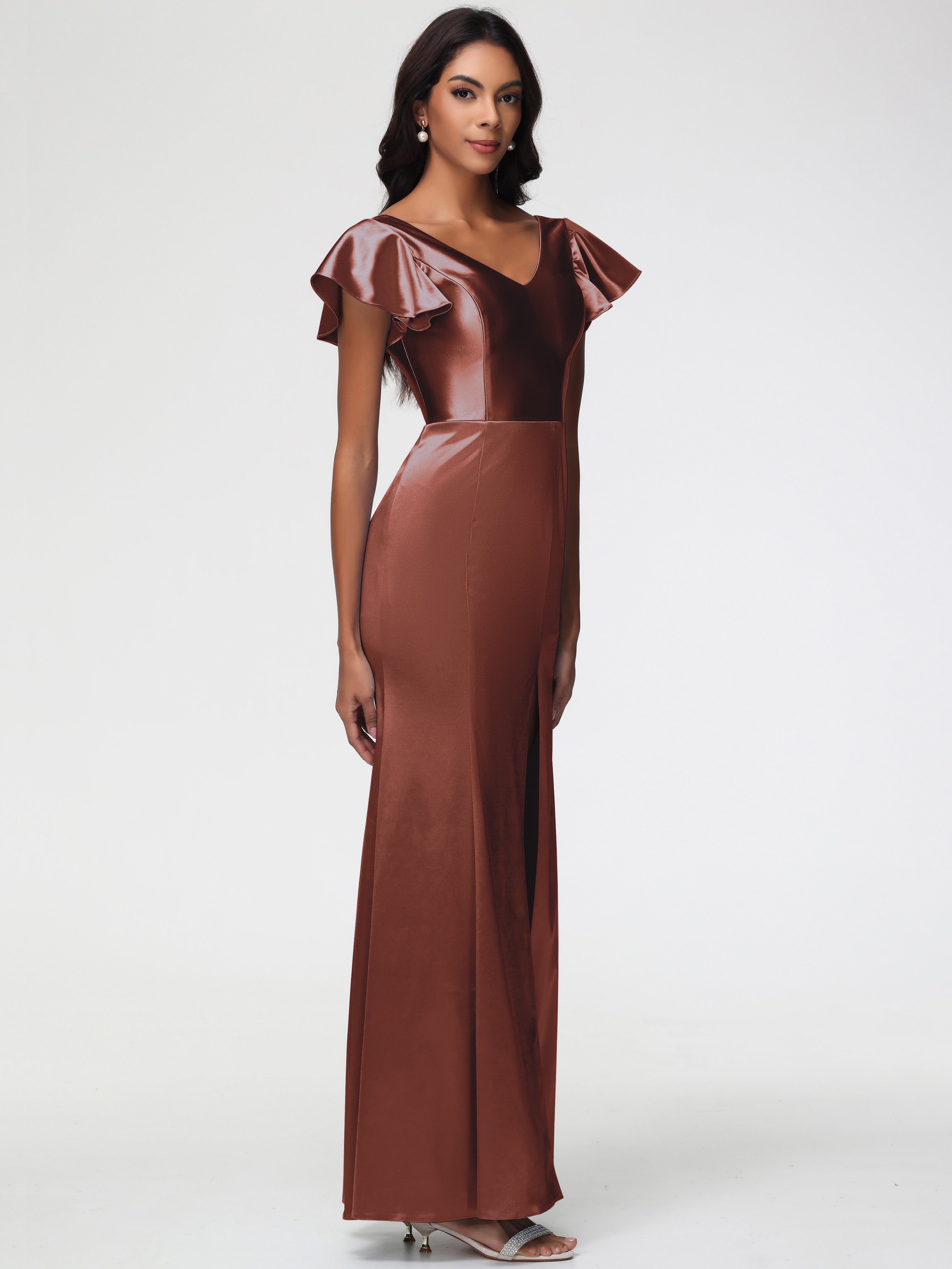 Demoiselle D Honneur Terracotta Col V Mancherons Satin Extensible Robe Fourreau Demoiselle D Honneur