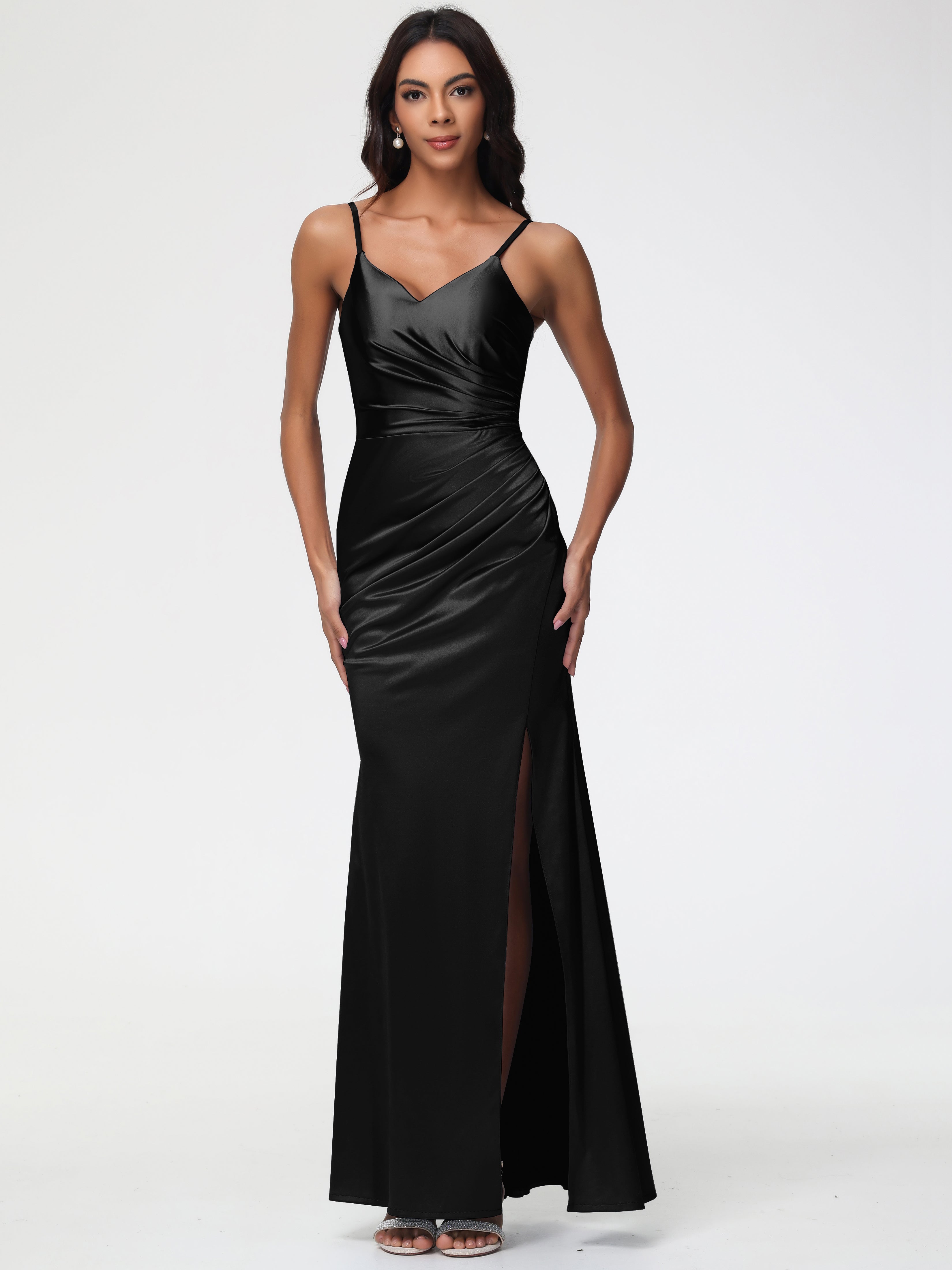Demoiselle D Honneur Noir Robe Demoiselle D'Honneur Avec Décolleté En V Longue Plissée À Fines Bretelles