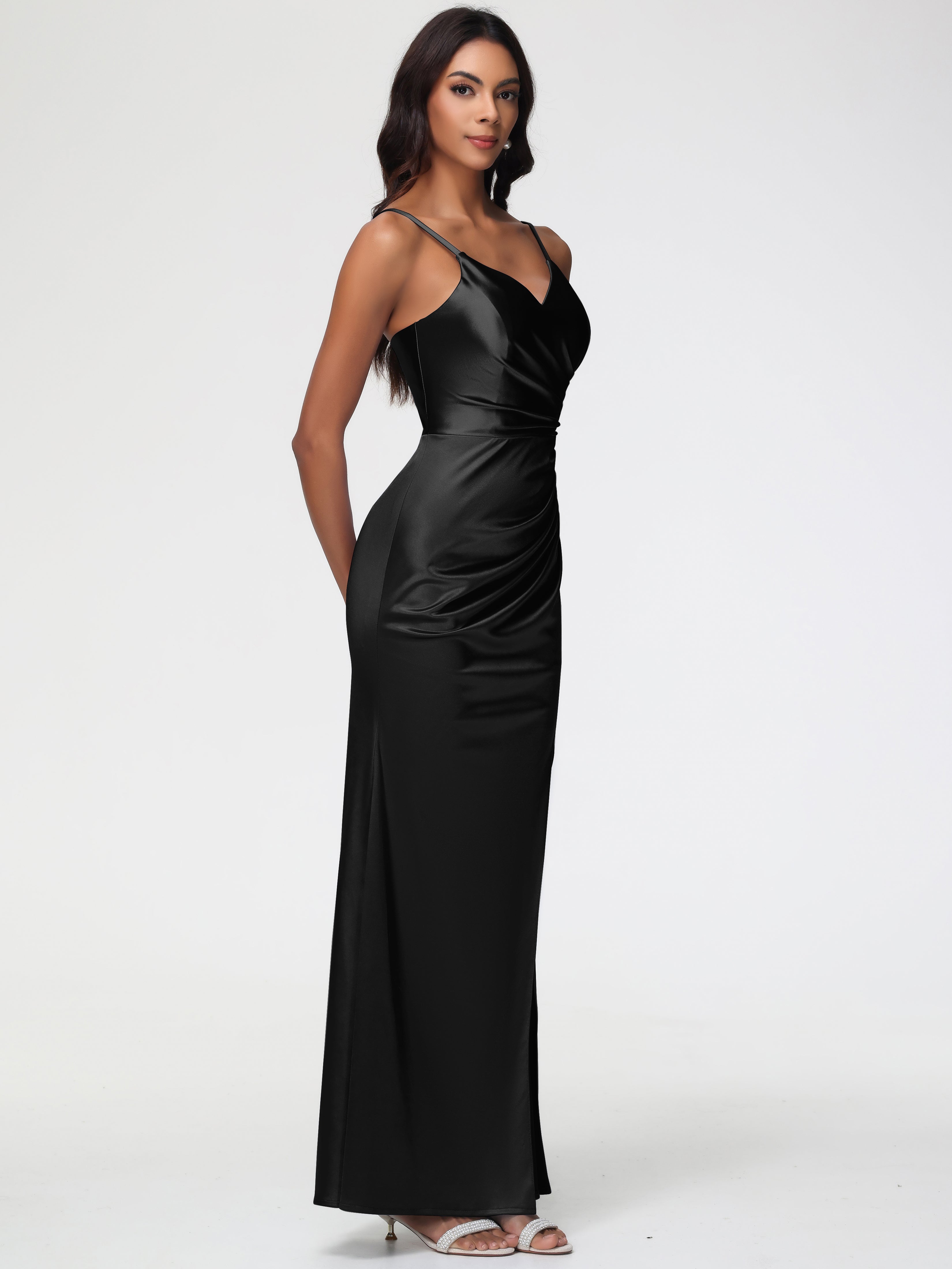 Demoiselle D Honneur Noir Robe Demoiselle D'Honneur Avec Décolleté En V Longue Plissée À Fines Bretelles