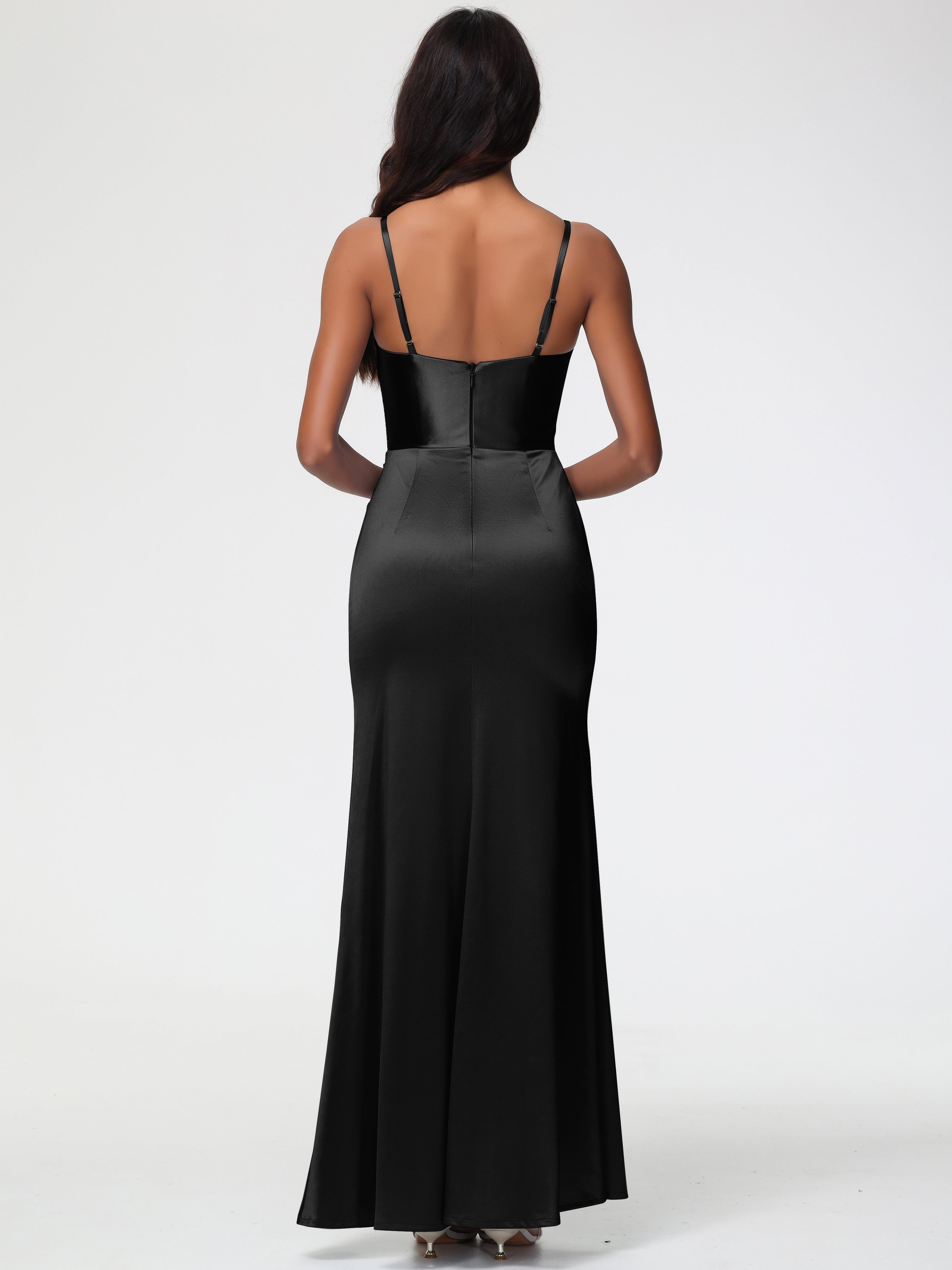Demoiselle D Honneur Noir Robe Demoiselle D'Honneur Avec Décolleté En V Longue Plissée À Fines Bretelles