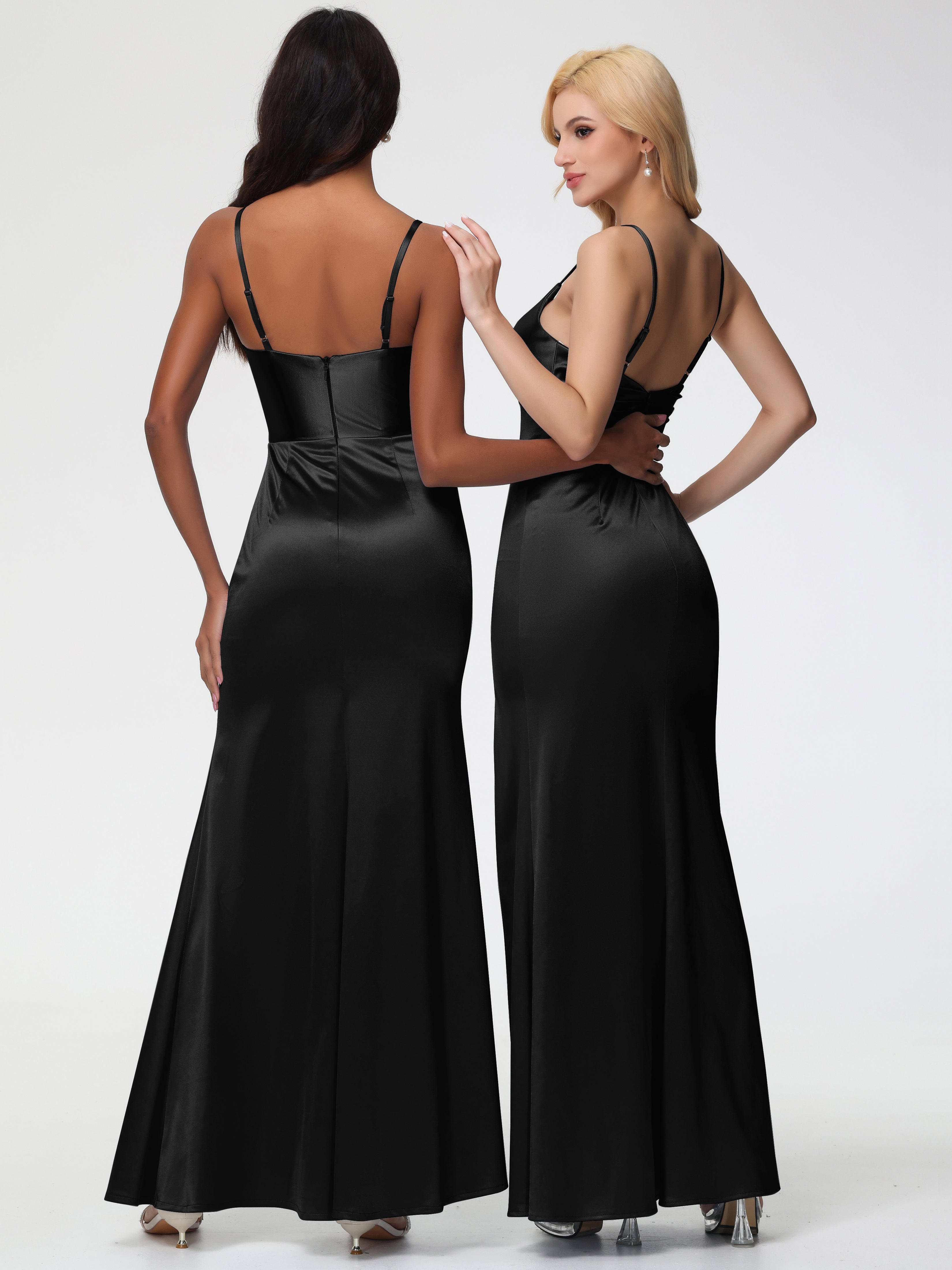 Demoiselle D Honneur Noir Robe Demoiselle D'Honneur Avec Décolleté En V Longue Plissée À Fines Bretelles