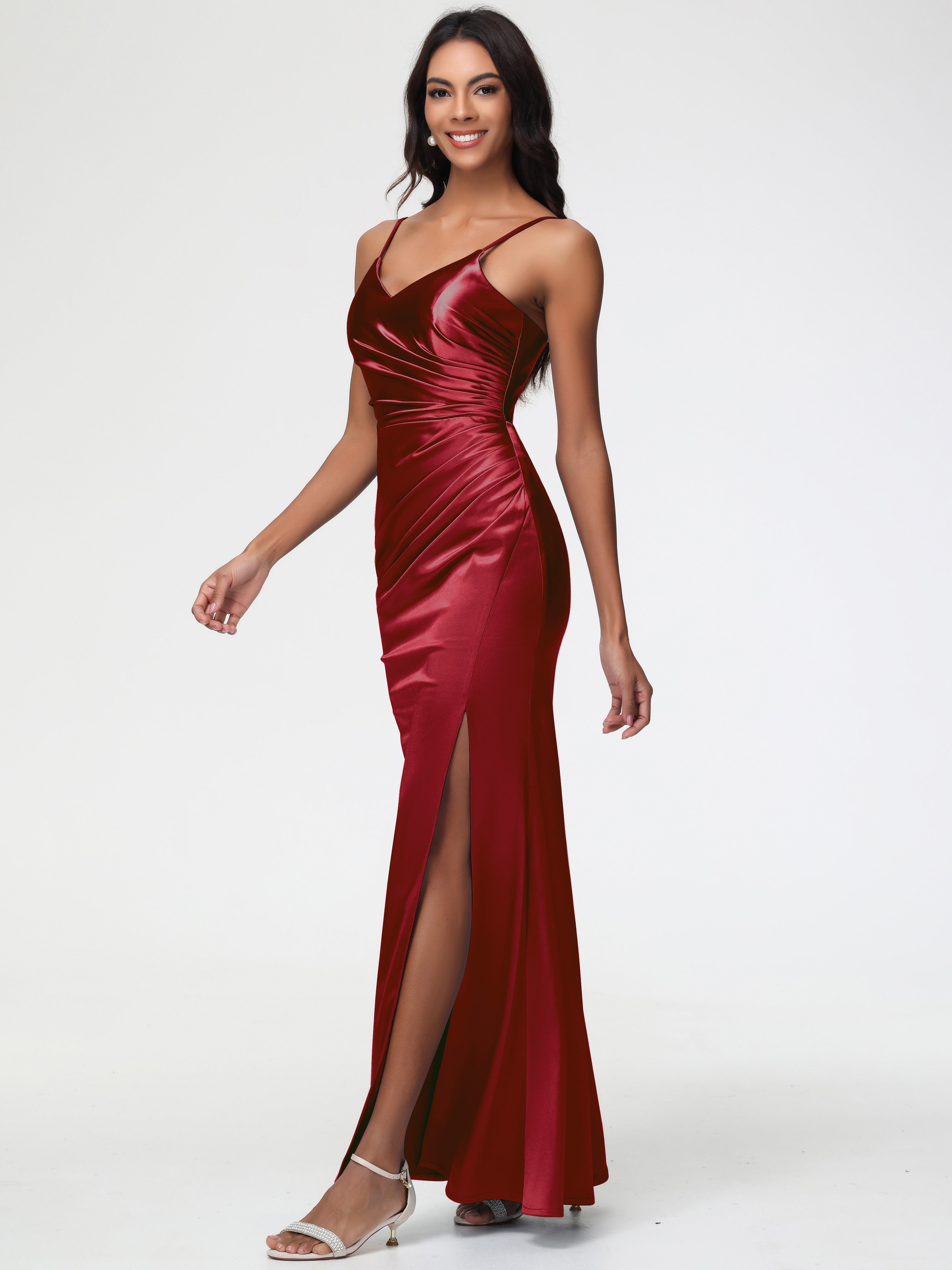 Robe Demoiselle Dhonneur Bordeaux Robe Demoiselle D'Honneur Avec Décolleté En V Longue Plissée À Fines Bretelles