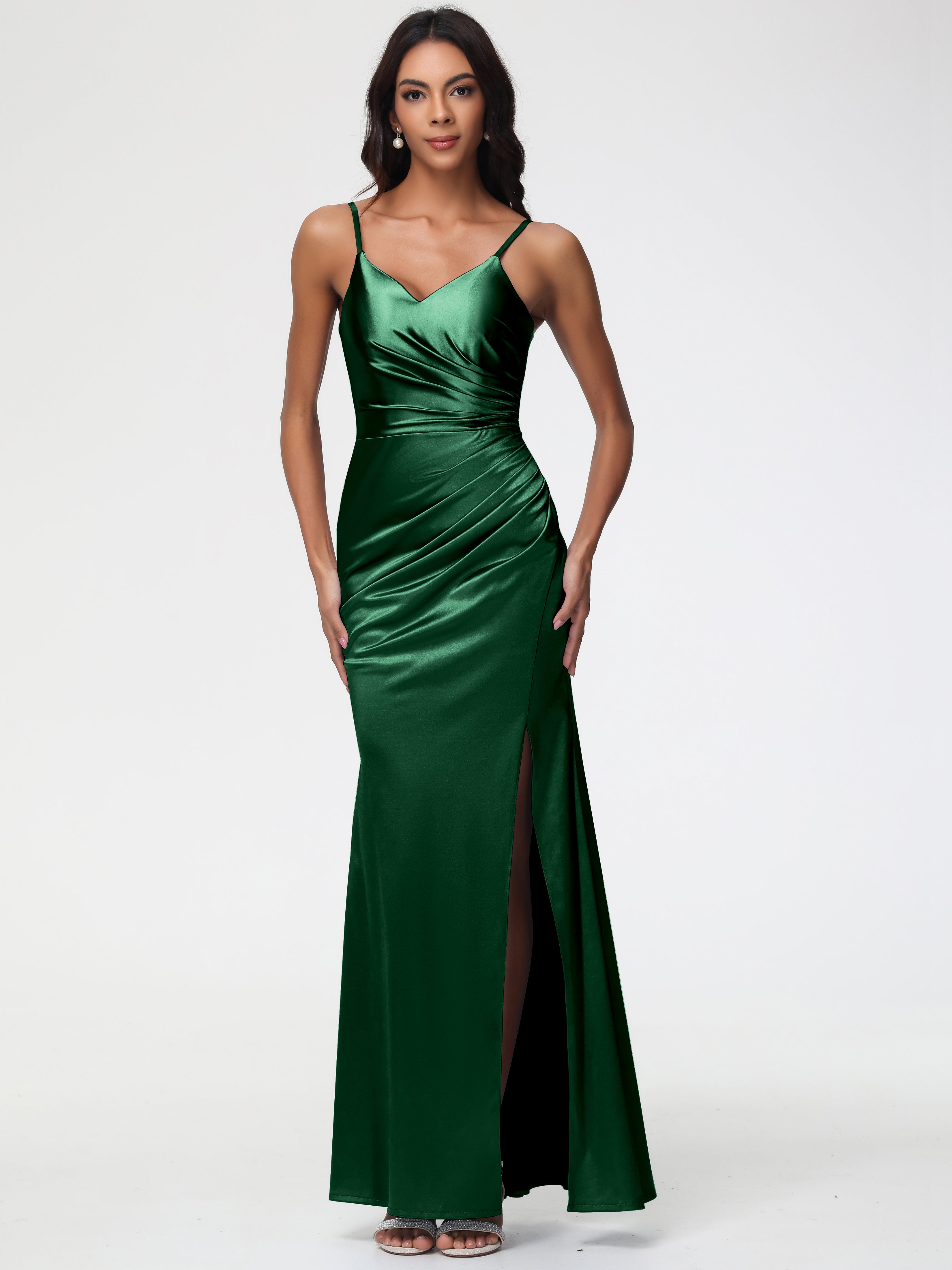 Robes De Demoiselle D'Honneur Vert Foncé Robe Demoiselle D'Honneur Avec Décolleté En V Longue Plissée À Fines Bretelles