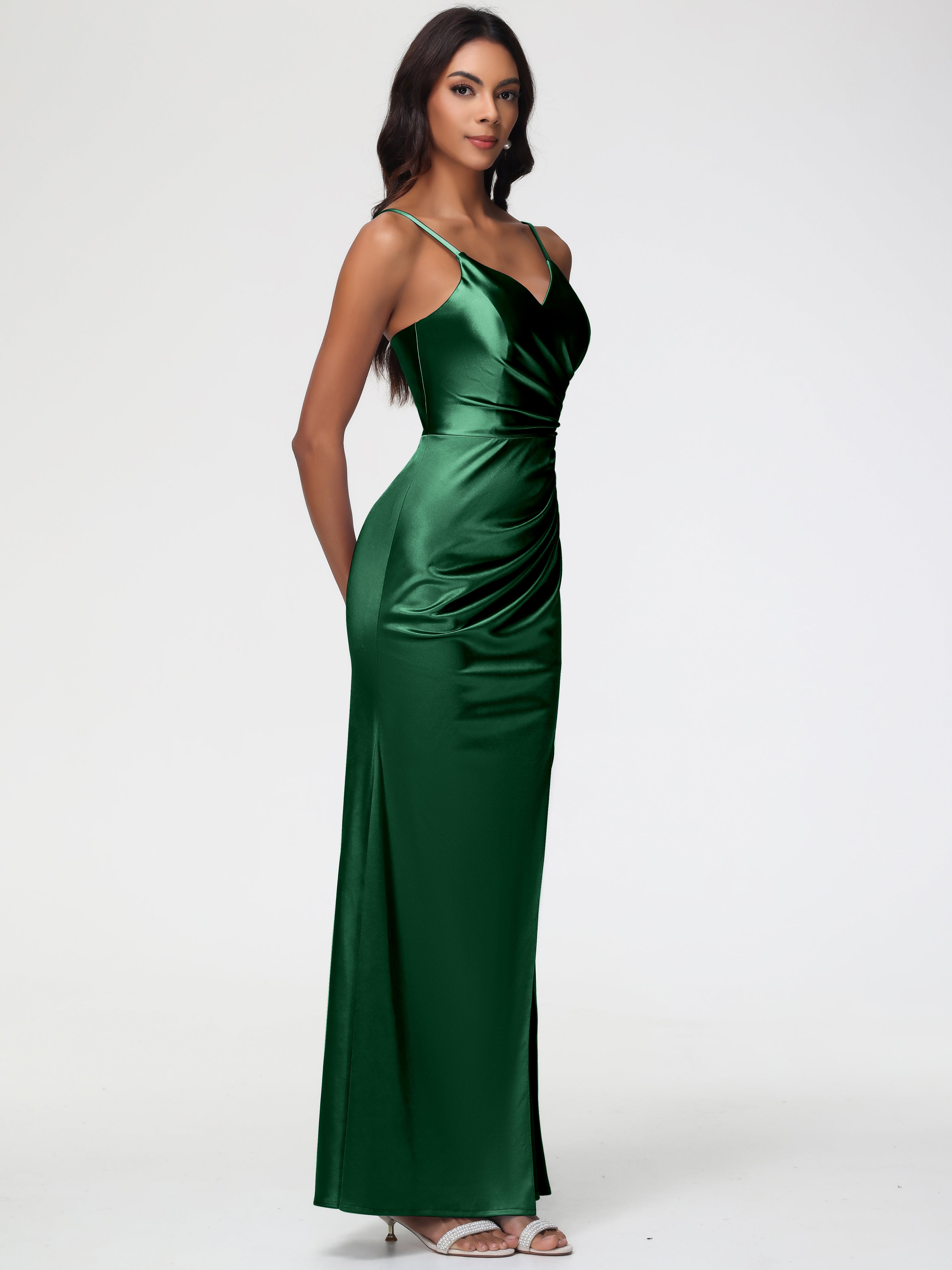 Robes De Demoiselle D'Honneur Vert Foncé Robe Demoiselle D'Honneur Avec Décolleté En V Longue Plissée À Fines Bretelles