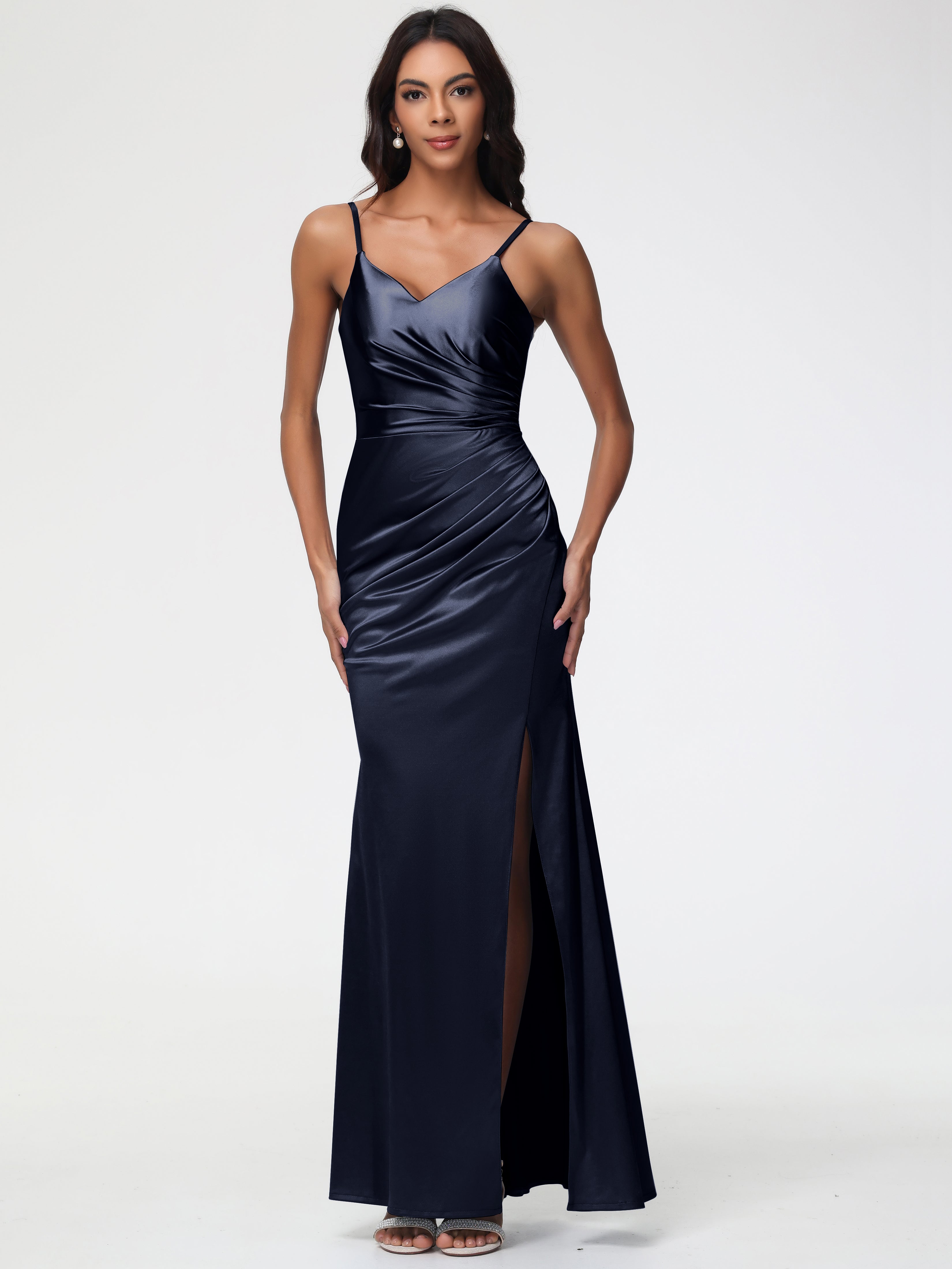 Robe Bleue Marine Demoiselle D Honneur Robe Demoiselle D'Honneur Avec Décolleté En V Longue Plissée À Fines Bretelles