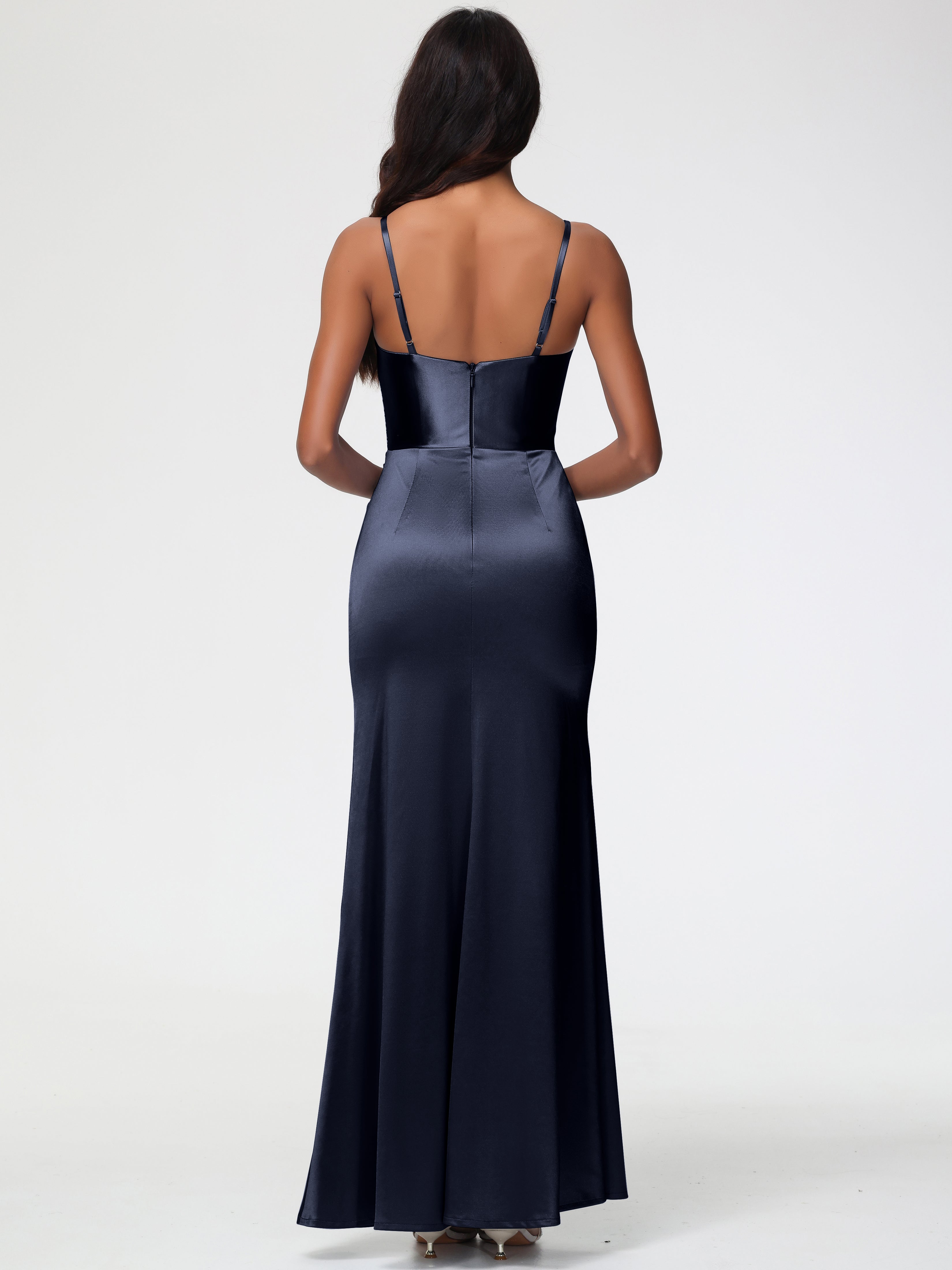 Robe Bleue Marine Demoiselle D Honneur Robe Demoiselle D'Honneur Avec Décolleté En V Longue Plissée À Fines Bretelles