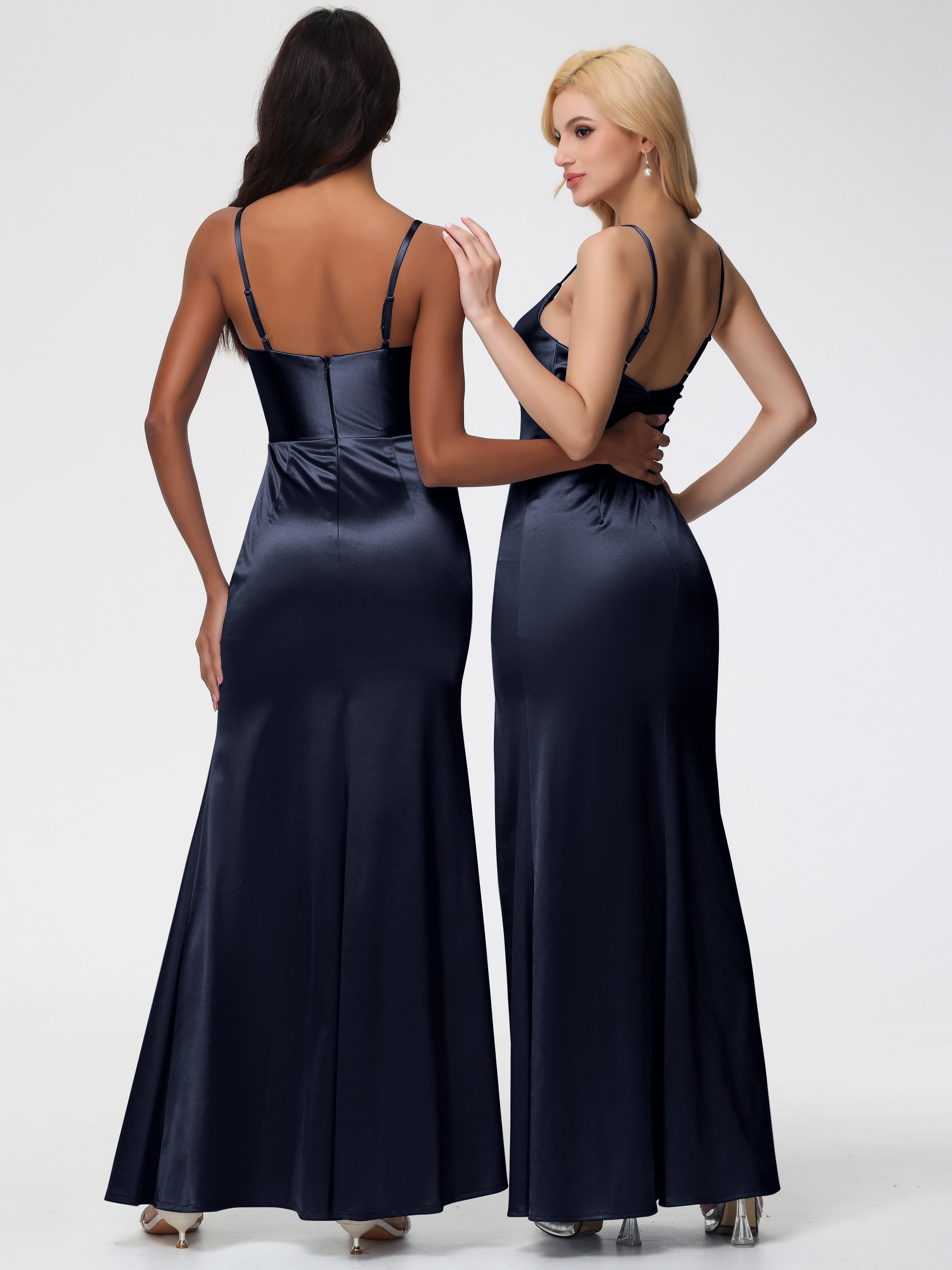 Robe Bleue Marine Demoiselle D Honneur Robe Demoiselle D'Honneur Avec Décolleté En V Longue Plissée À Fines Bretelles