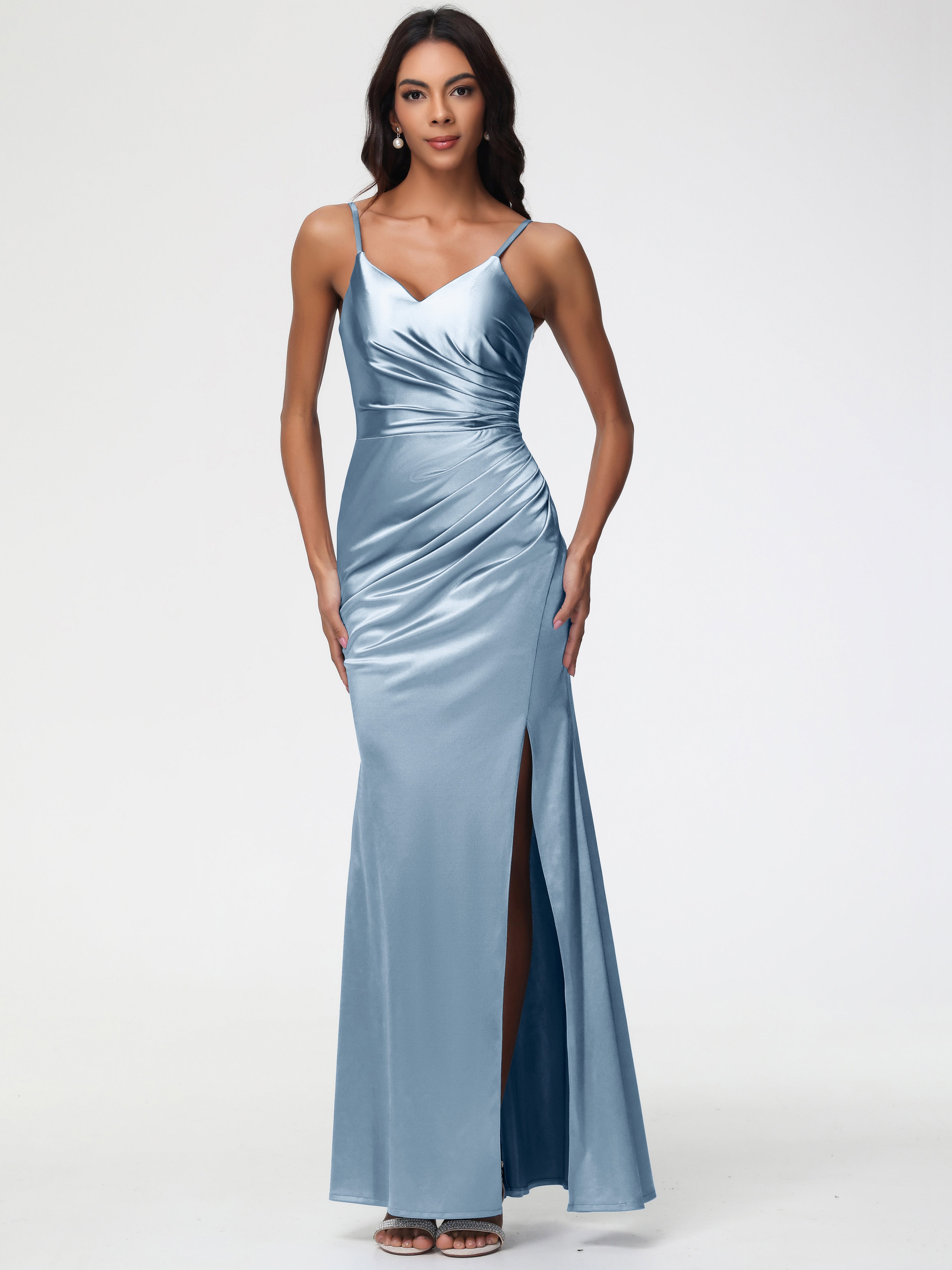 Robe Demoiselle D Honneur Bleu Poussiereux Robe Demoiselle D'Honneur Avec Décolleté En V Longue Plissée À Fines Bretelles