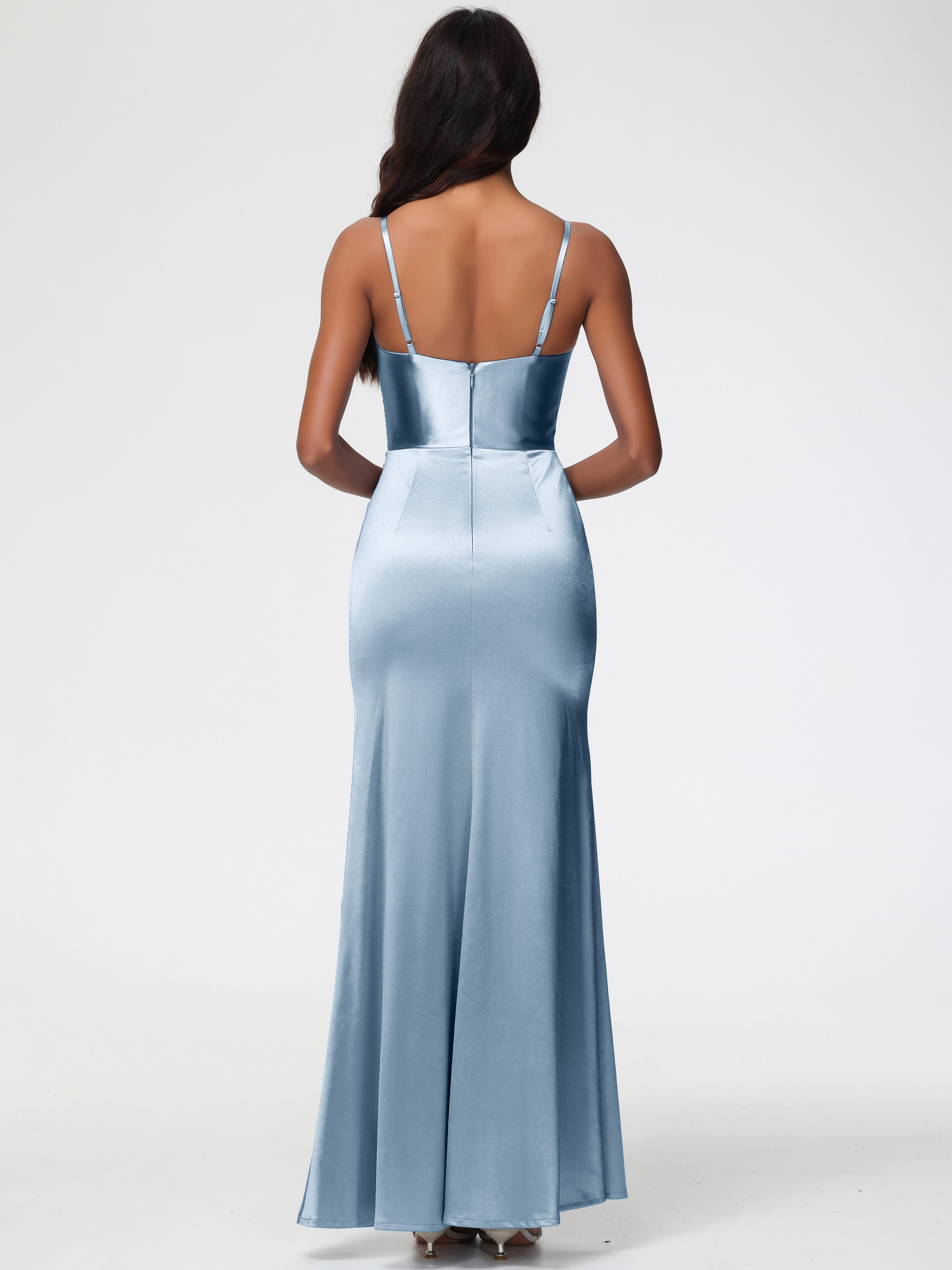 Robe Demoiselle D Honneur Bleu Poussiereux Robe Demoiselle D'Honneur Avec Décolleté En V Longue Plissée À Fines Bretelles