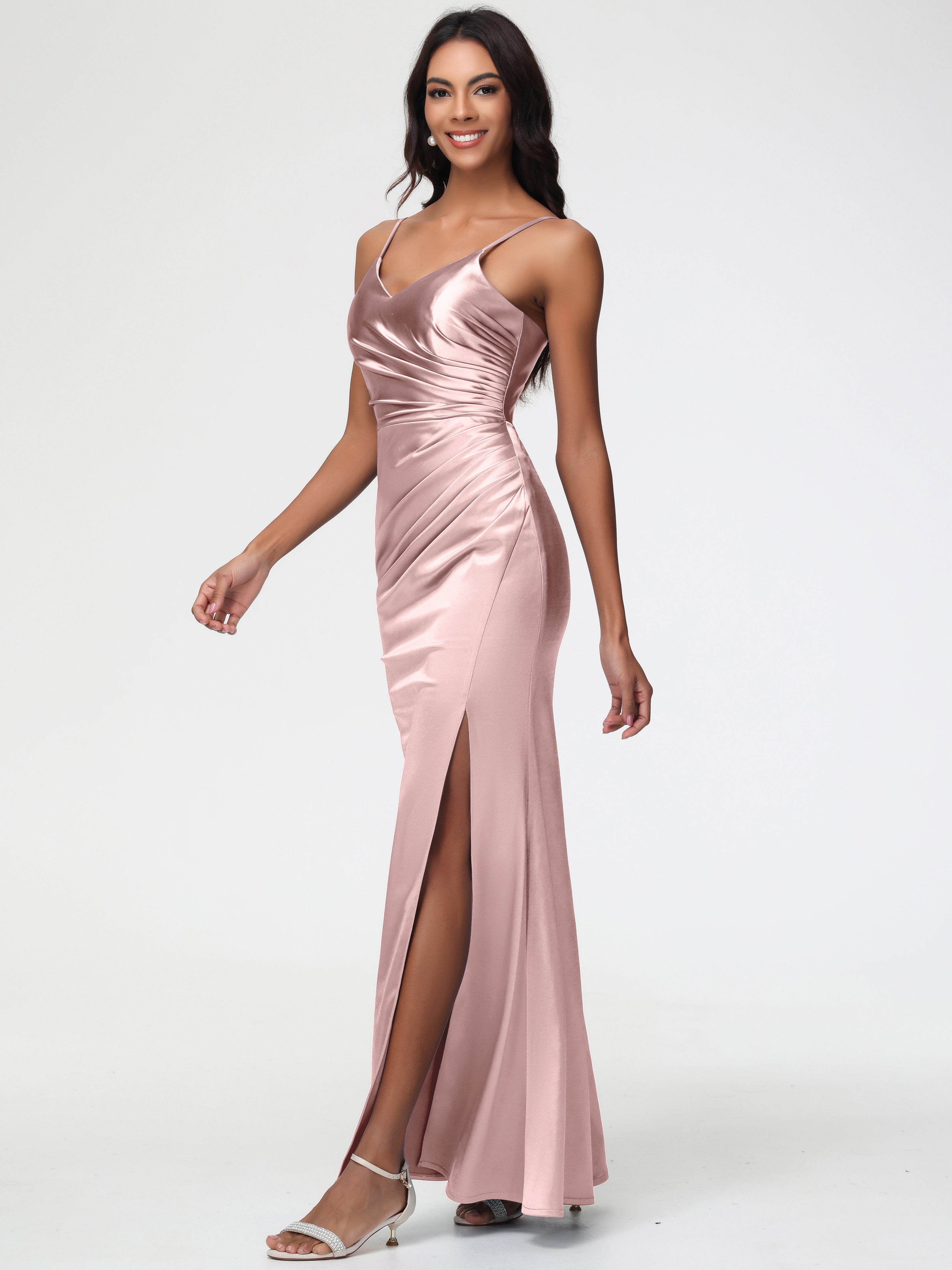 Robe Rose Poudrée Demoiselle D Honneur Robe Demoiselle D'Honneur Avec Décolleté En V Longue Plissée À Fines Bretelles