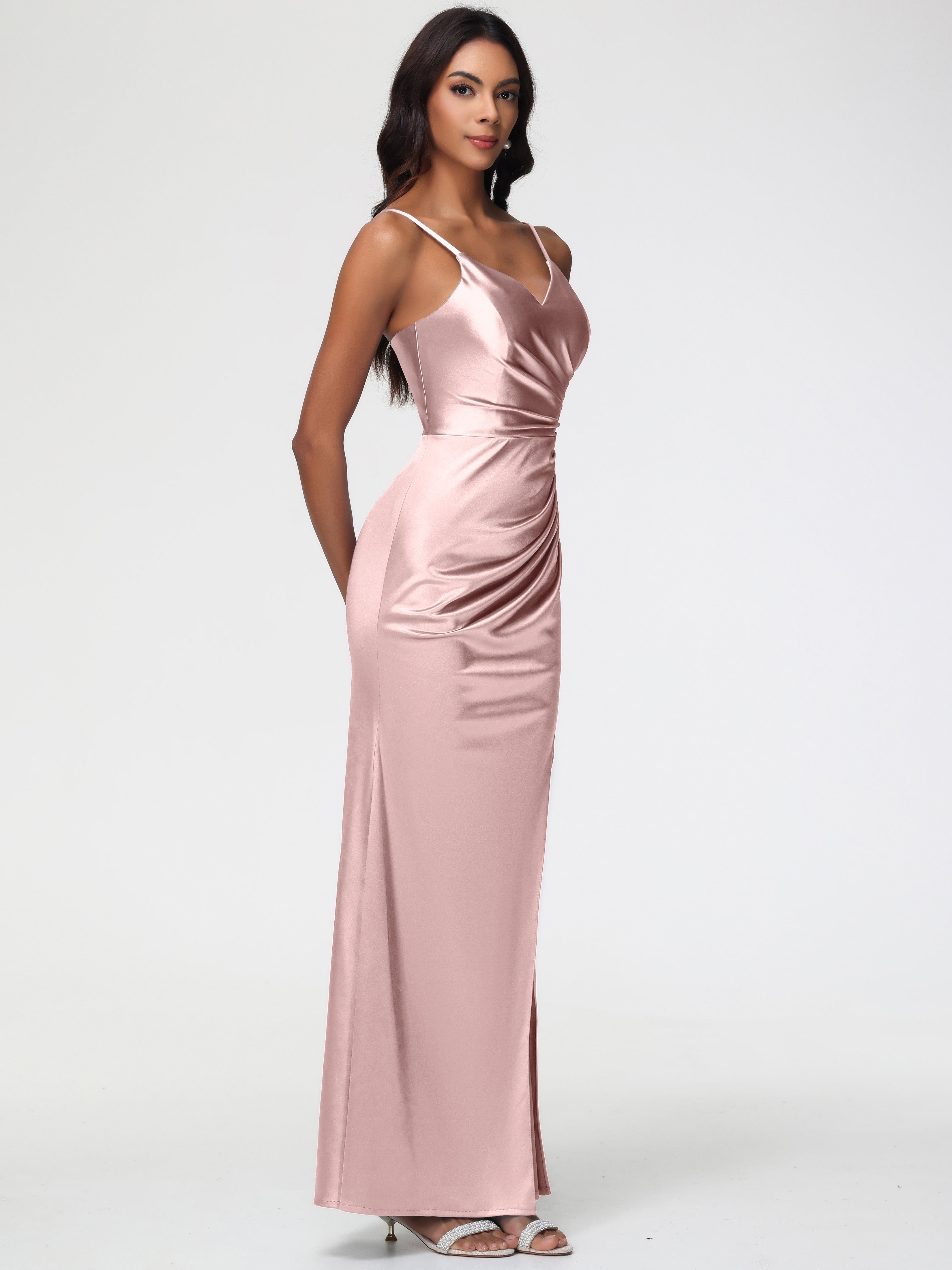 Robe Rose Poudrée Demoiselle D Honneur Robe Demoiselle D'Honneur Avec Décolleté En V Longue Plissée À Fines Bretelles
