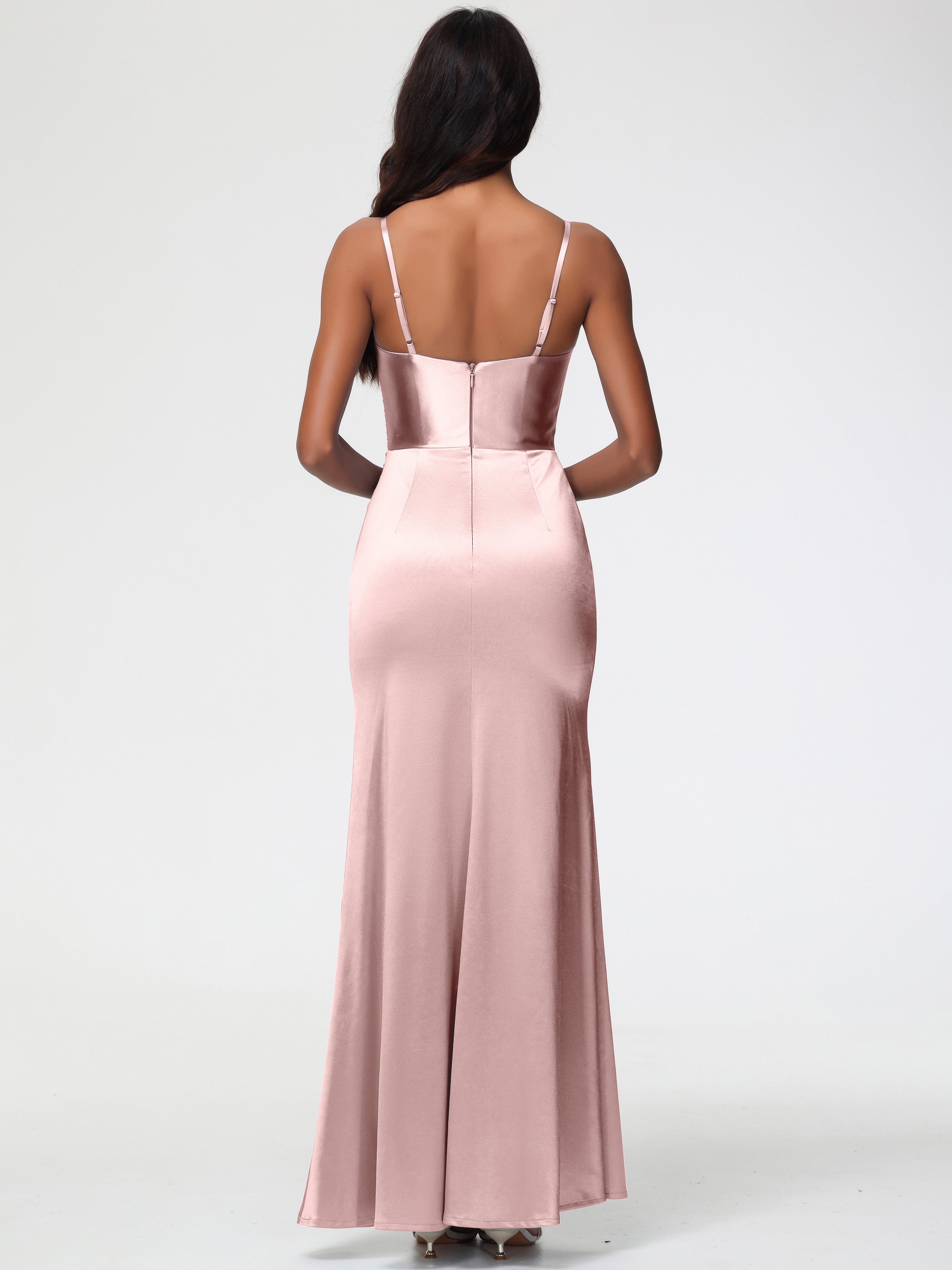 Robe Rose Poudrée Demoiselle D Honneur Robe Demoiselle D'Honneur Avec Décolleté En V Longue Plissée À Fines Bretelles