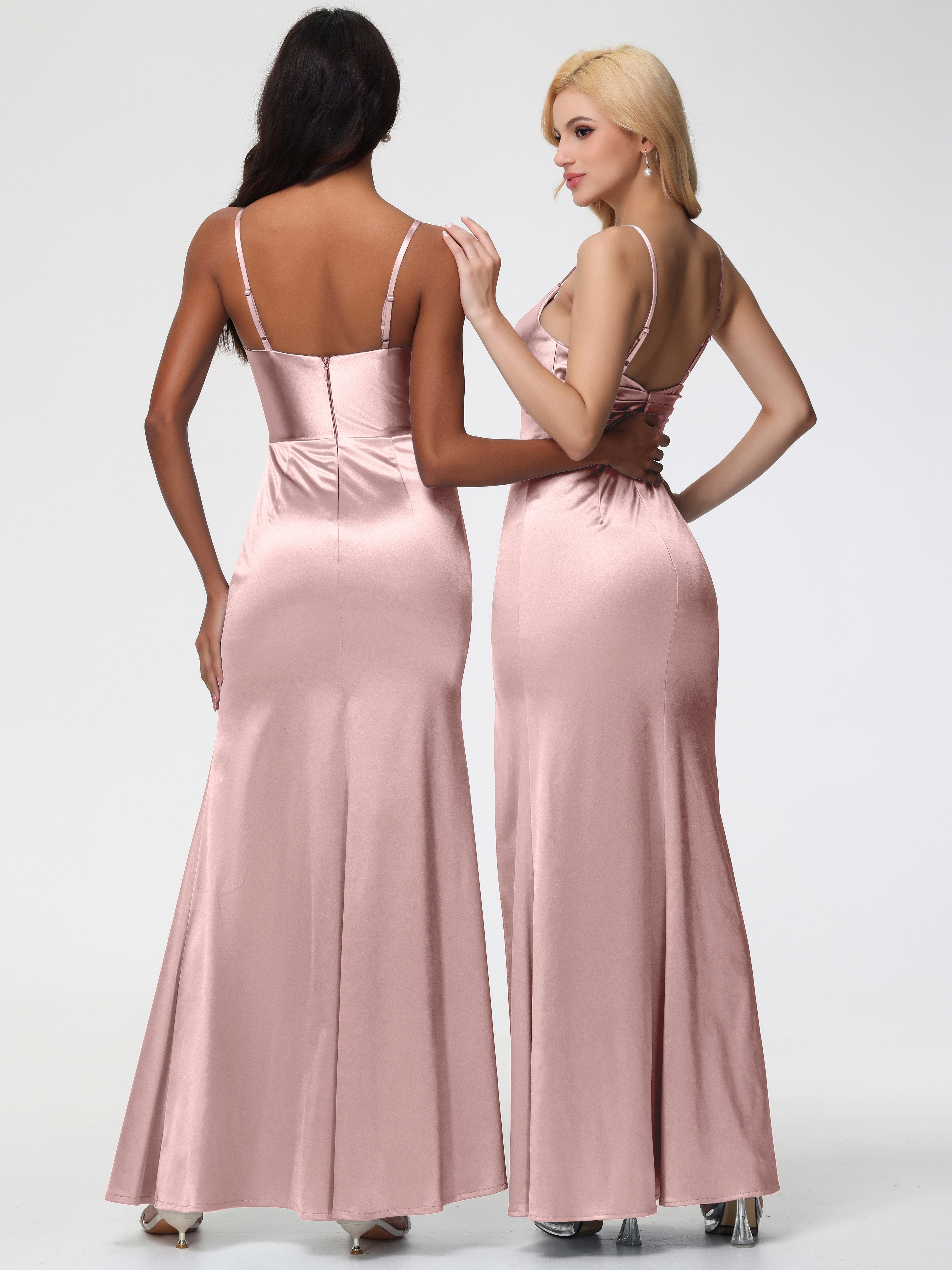 Robe Rose Poudrée Demoiselle D Honneur Robe Demoiselle D'Honneur Avec Décolleté En V Longue Plissée À Fines Bretelles