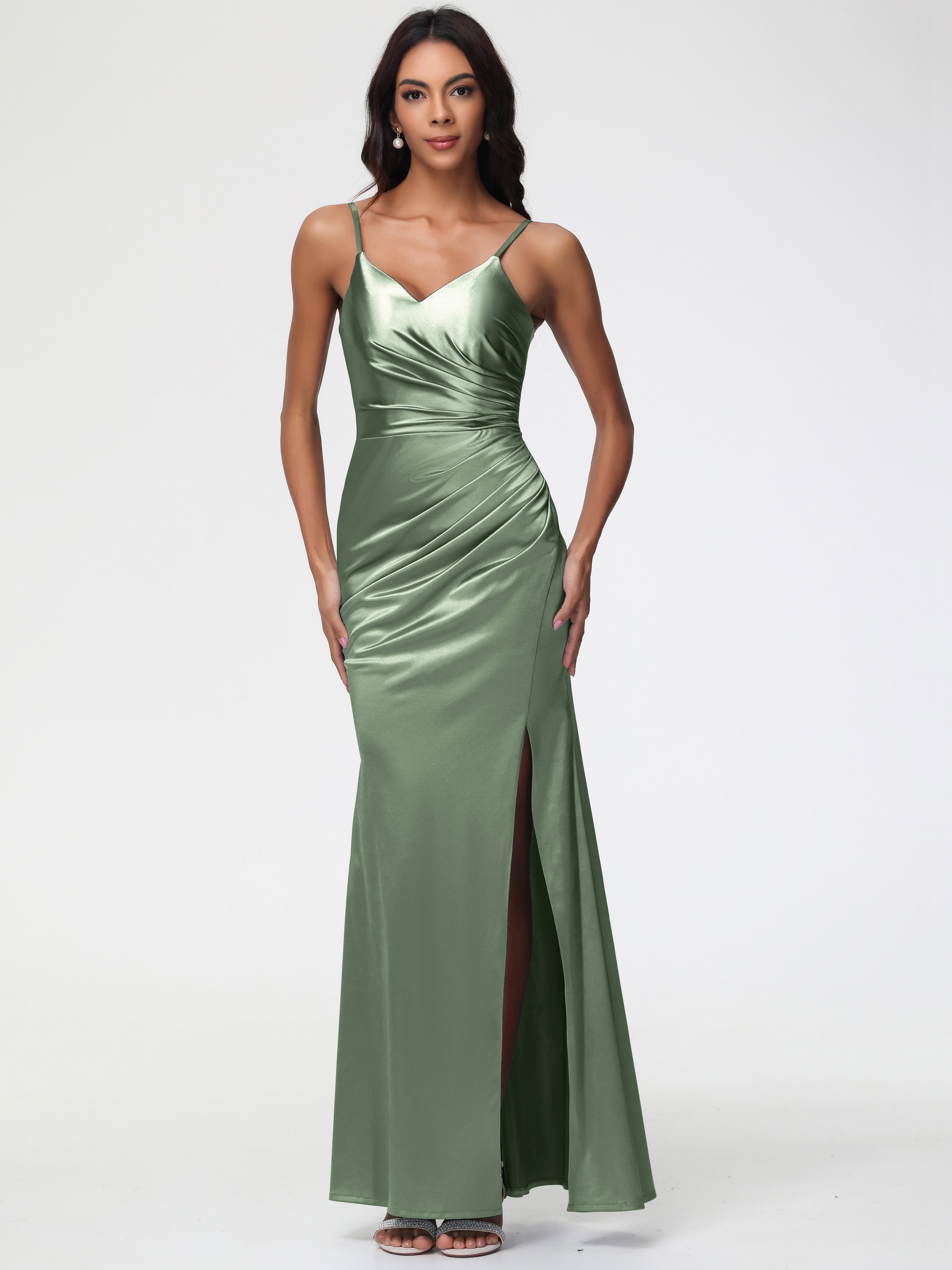 Toutes Les Robes De Demoiselle D'Honneur De Sauge Poussiéreuse Robe Demoiselle D'Honneur Avec Décolleté En V Longue Plissée À Fines Bretelles